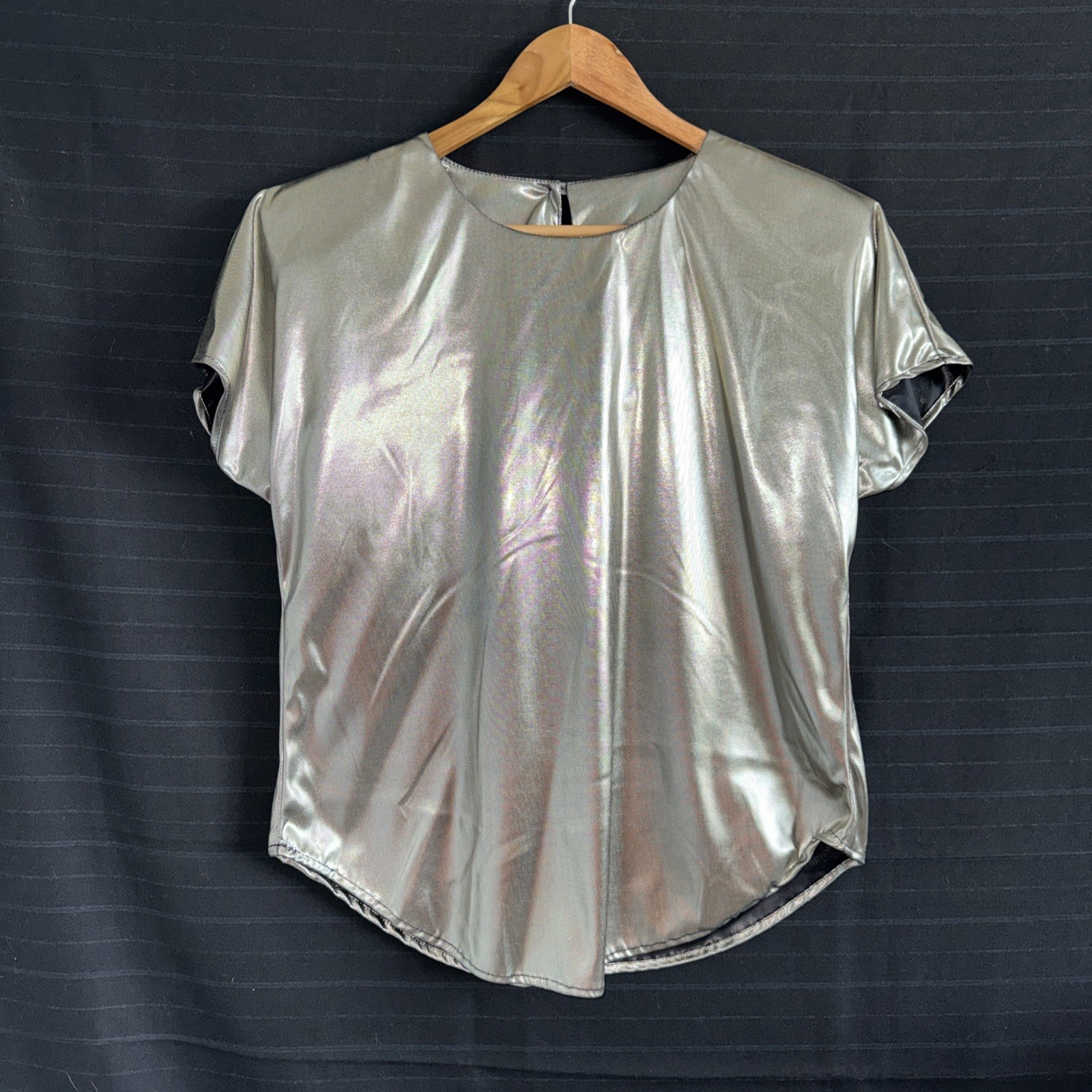 Vintage 80s Tres Paquette Byer California Silver Lame Short Sleeve Shirt M Shiny
