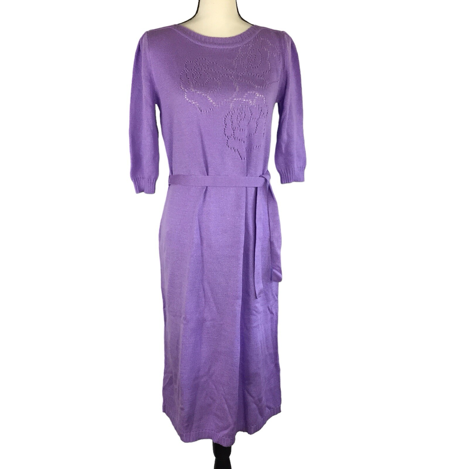 Vintage Outlander Acrylic Knit Dress Size L Bateau Neck Belted Purple 38&Prime; Bust