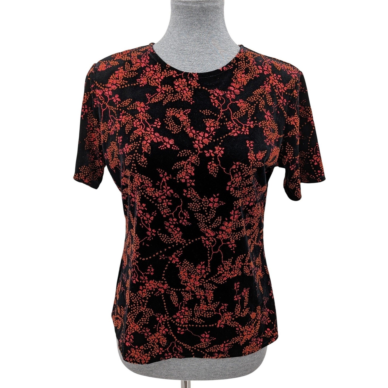 Whimsigoth Boho Glam Y2K Black Pink Glitter Floral Velvet Short Sleeve M/L Top