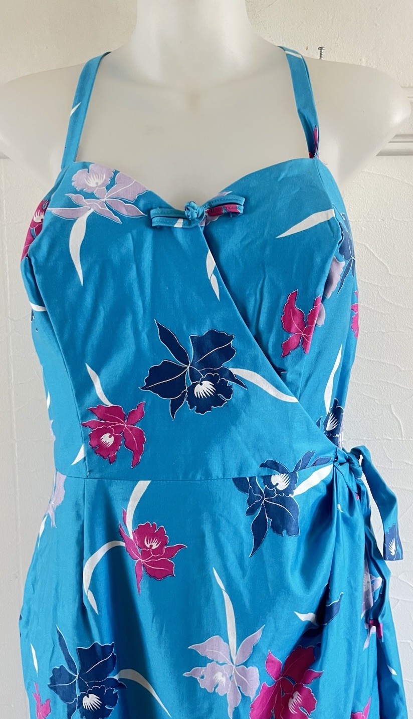 VTG 60&rsquo;s Kimo&rsquo;s Polynesian Shop Hawaiian 🌺 Turquoise Maxi Wrap Sarong Dress-14