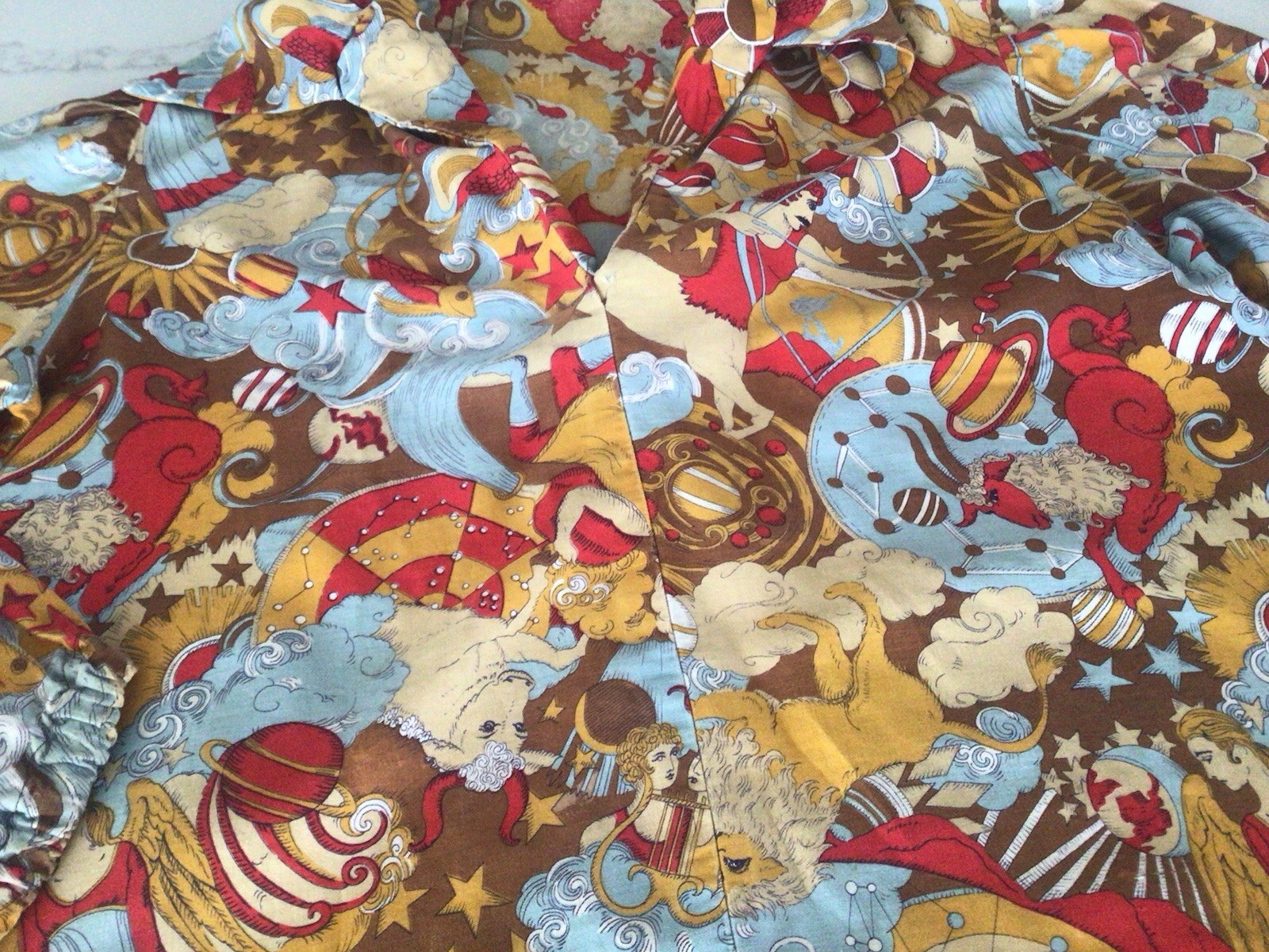 Vintage 1960s 70s Pop Art Astrology Horoscope Cartoon Print Cotton Shirt Blouse
