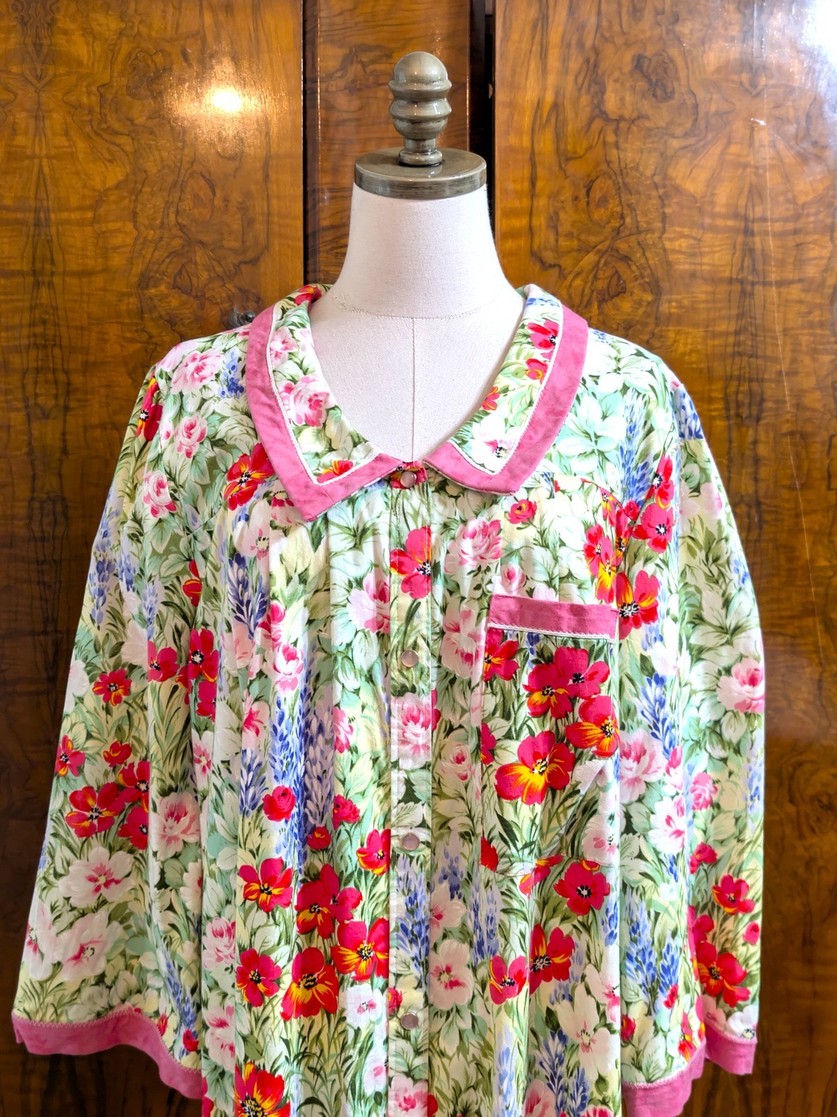Vtg Models Coat by Swirl Grandmacore Floral Maxi Duster 18 Housecoat Pink Trim