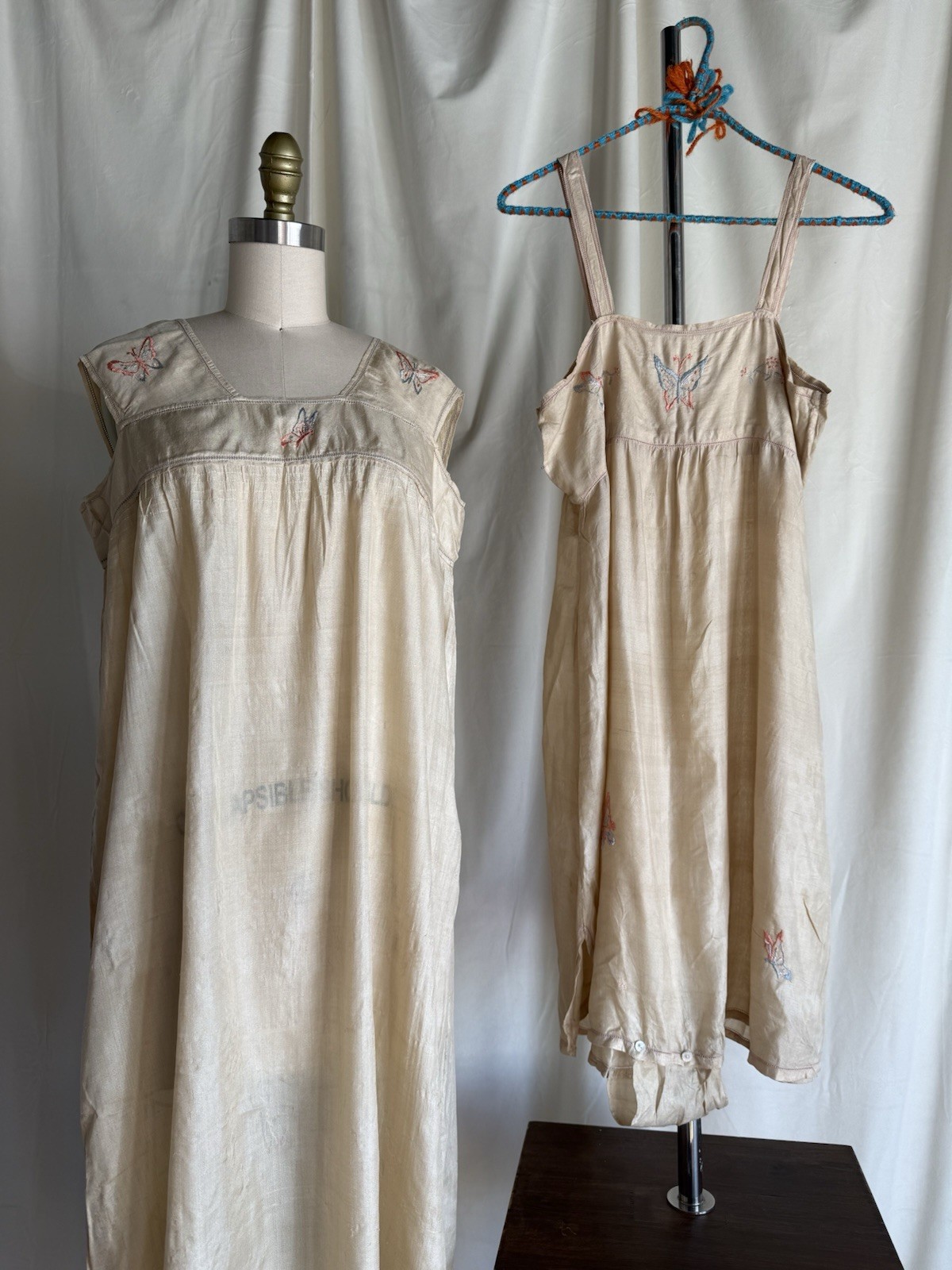 Antique 1920’s Pongee Slip Step-in Butterfly Embroidery Chemise Écru Silk Set