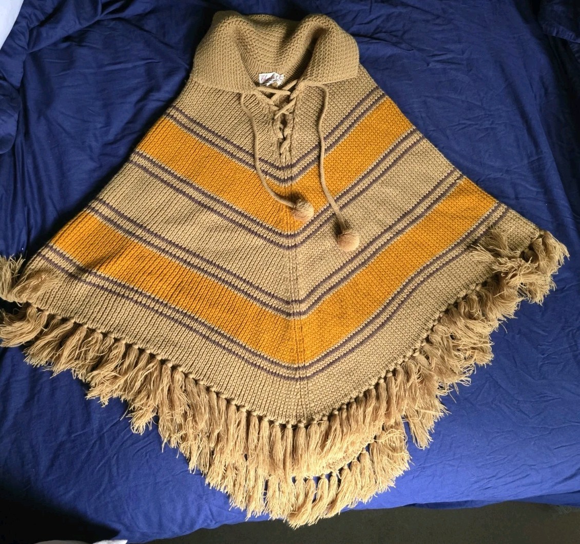 Vintage 1970s Charles & Co Knit Poncho Fringe Pompon – Mustard Yellow Orange -M