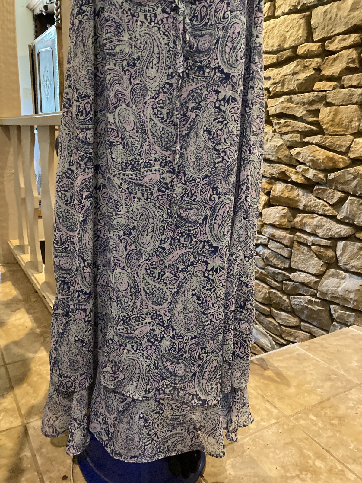 Jaclyn Smith VTG 2006 Blue paisley maxi dress cap sleeves Hem 2-tier ruffle