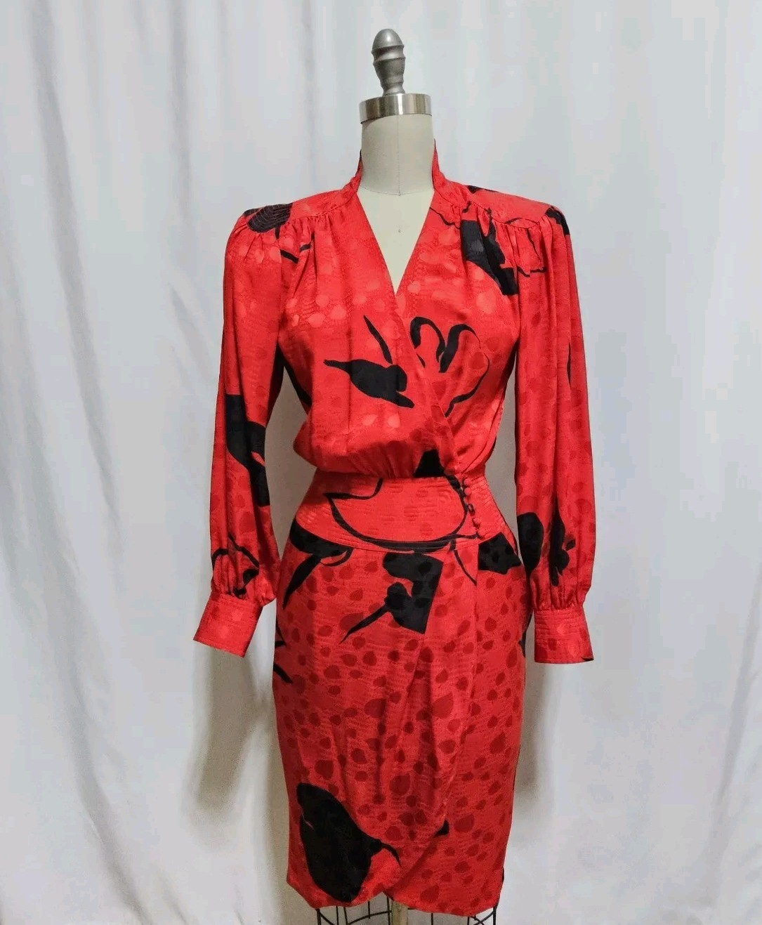 Vintage 80s Flora Kung Silk Wrap Dress Size 4 100% Silk Abstract Evening Floral
