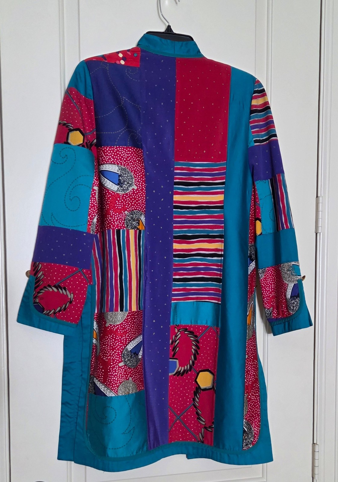 1980s JEANNE MARC Bright Teal Multi Print Patchwork Jacket Duster Coat M 12/14