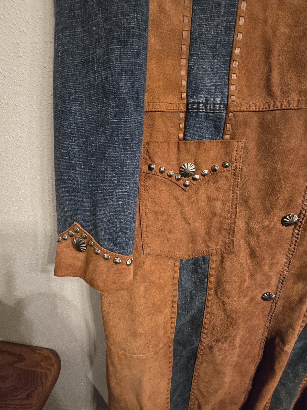 Vintage Cripple Creek Western Leather Denim Duster Long Jacket Trench Coat