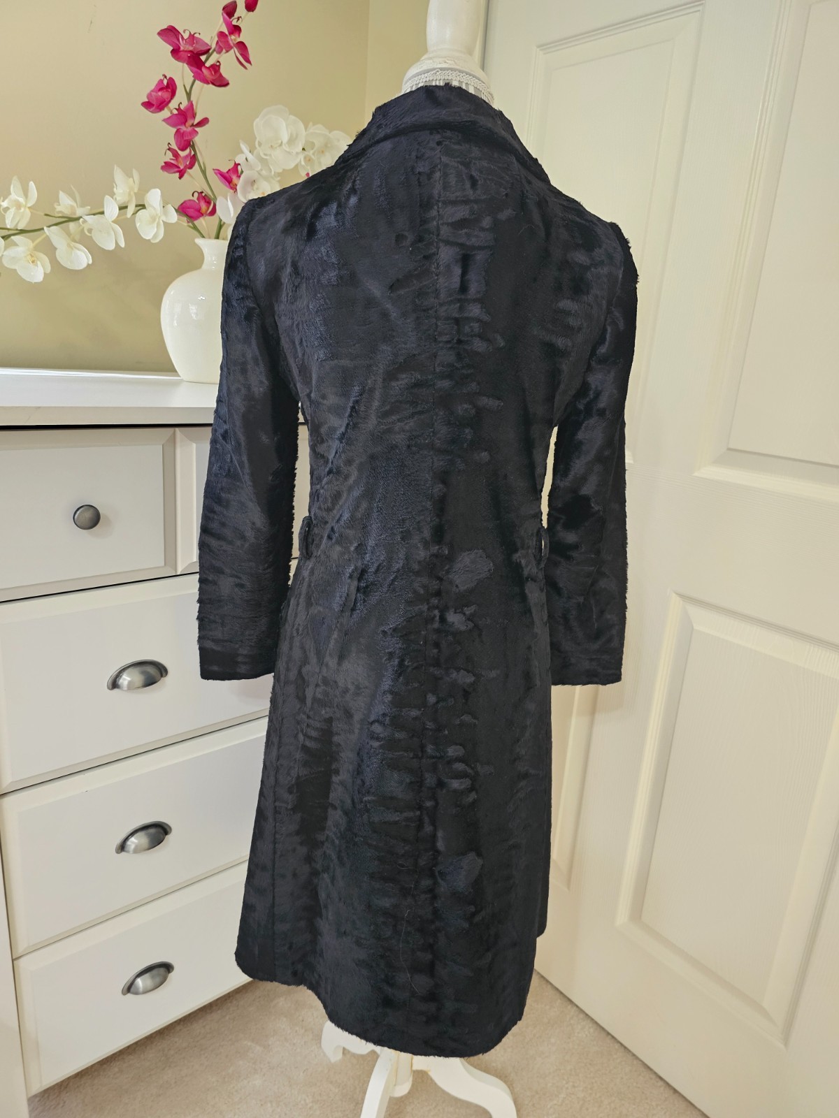VTG 1960s Adele Simpson Womens Black Crushed Velvet Half Zip Coat Dress Sz. M