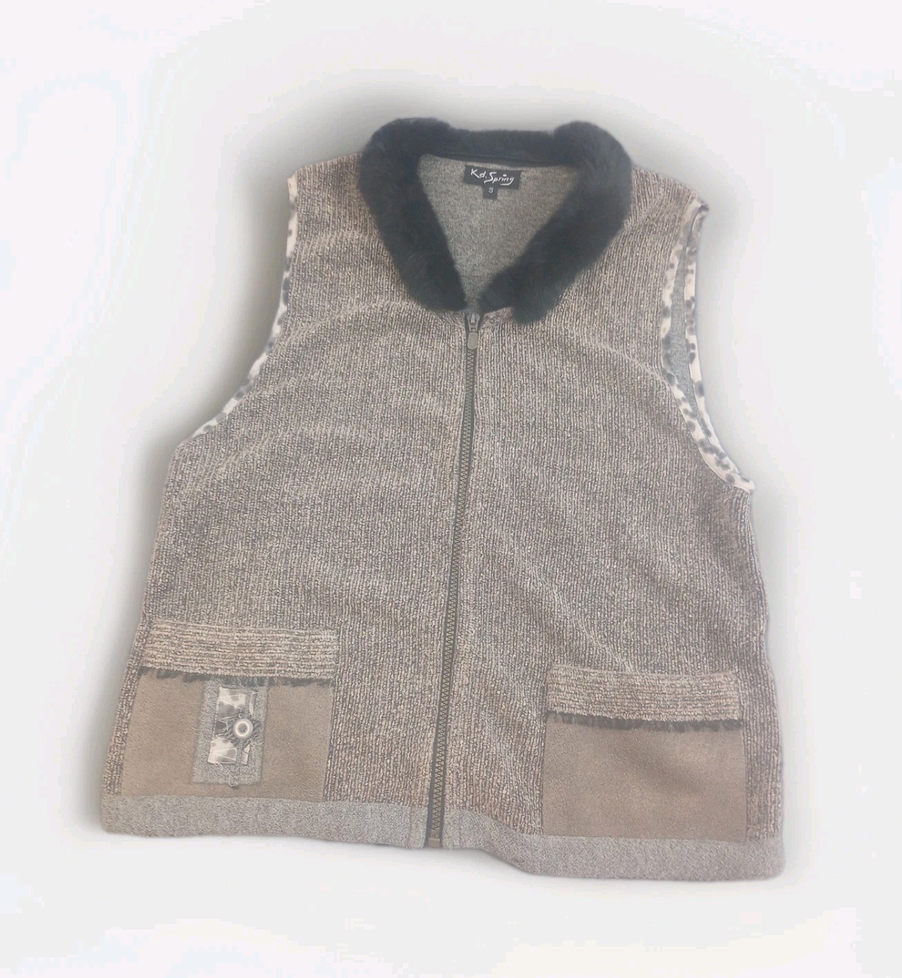 K.D. Spring Womens Zip Sweater Vest Sz Small beige Rabbit Fur Collar Raven Y2K