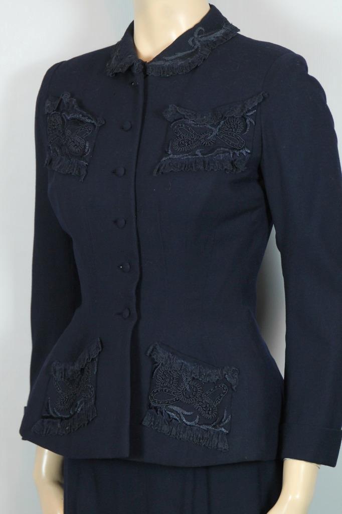 RARE Vtg 40s HATTIE CARNEGIE Navy 2pc Suit Blazer Jacket Pencil Skirt w/ Lace S