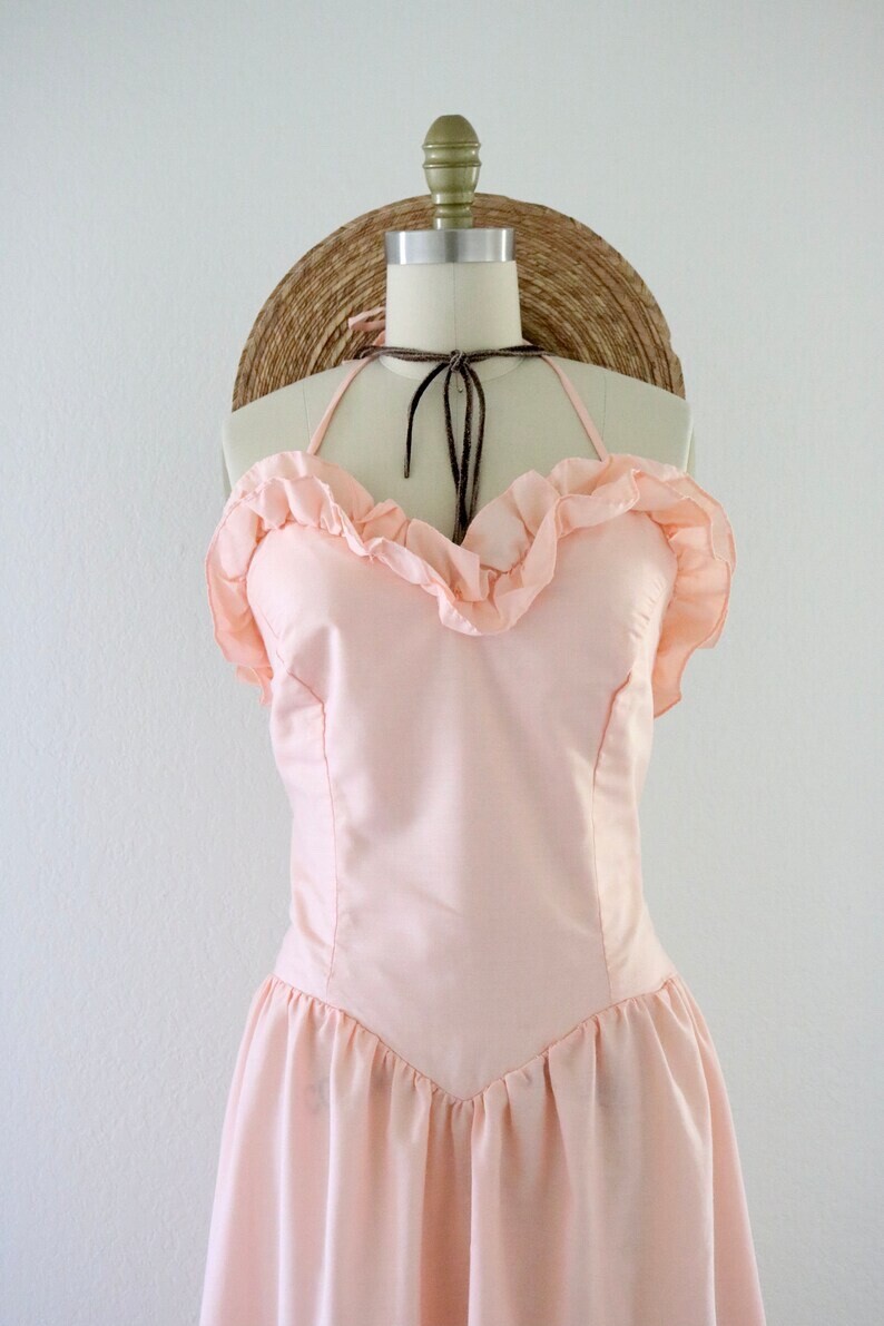 Vintage 80s Dance Allure Peach Ruffle Halter Sweetheart Summer Sun 70s – M