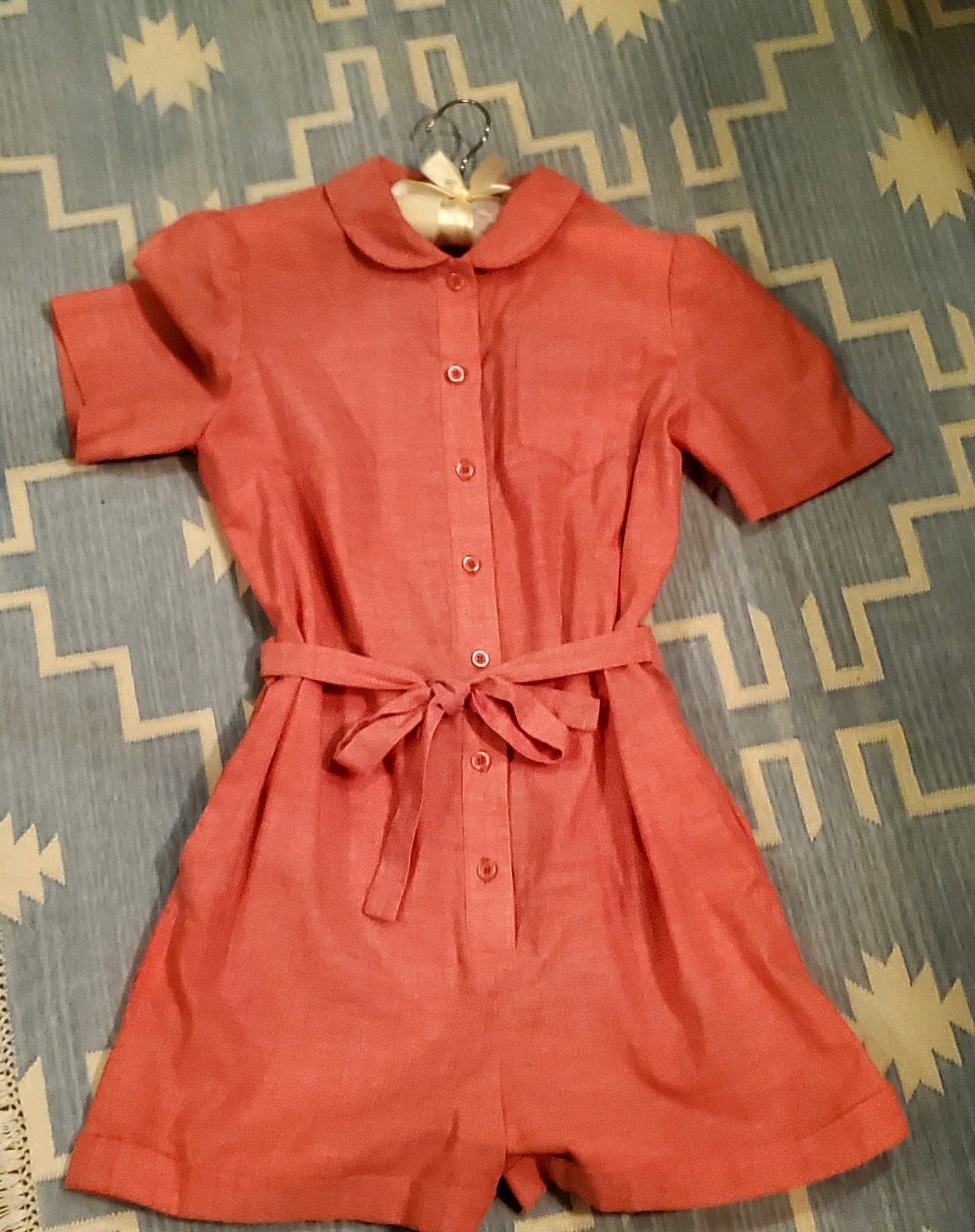 1940s VTG Handmade Chambray Button Down Romper Size Small w/Cute Puff Sleeves