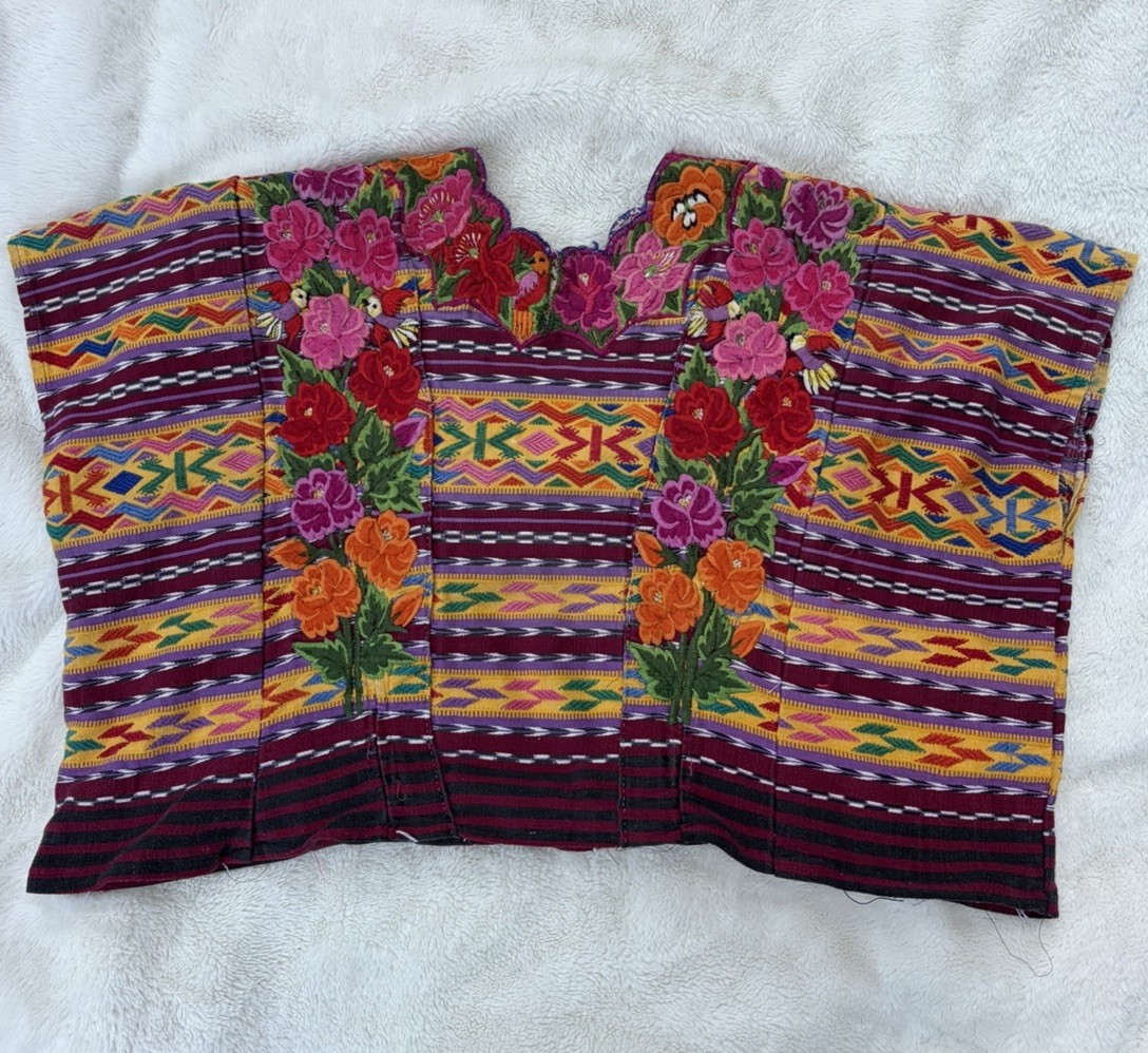 Vintage Floral and Vibrant Colorful Huipil with Embroidery Details