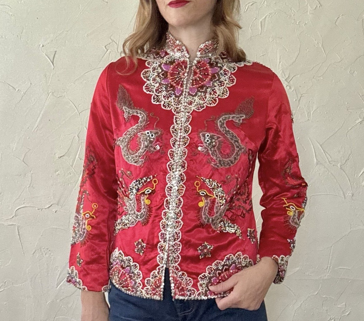 VTG 1960s Red Satin Beaded Jacket Zip up Asian Influenced Dragon Phoenix Design