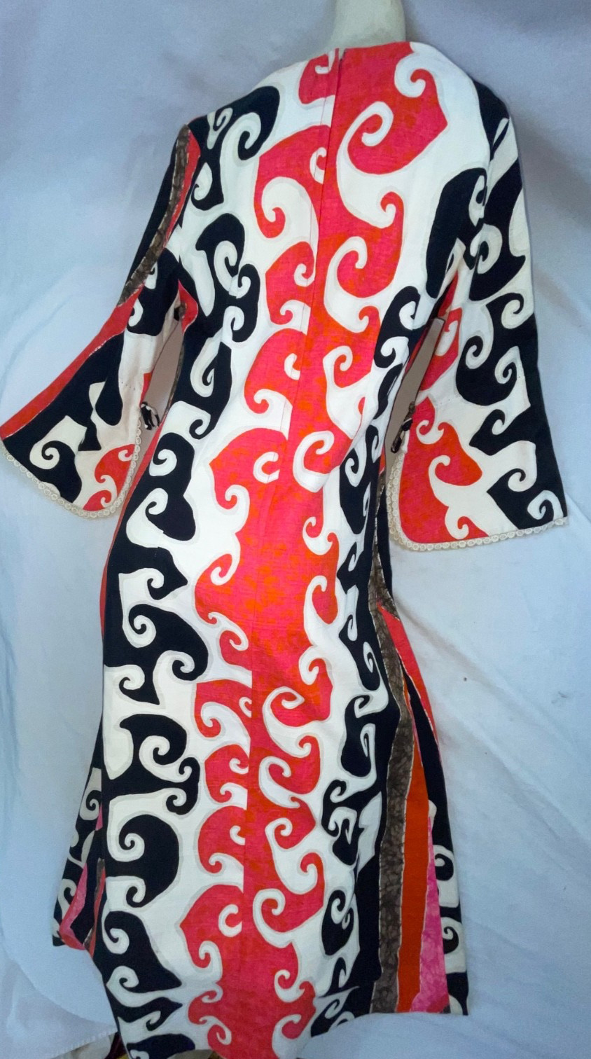 VTG 70S WOMEN CRAZY ABSTRACT PRINT BARKCLOTH HAWAIIAN CAFTAN DISCO HIPPY DRESS