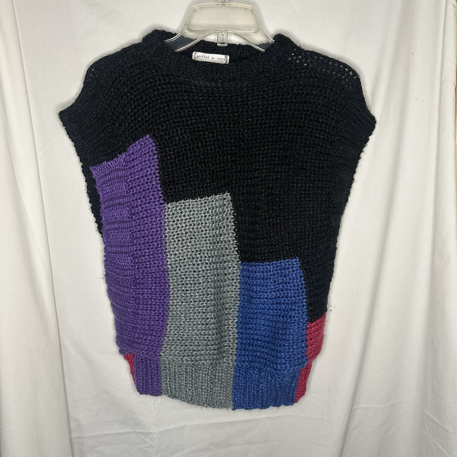Vintage Women’s Midnight Blues Large Hand Knit Black Multicolor Sweater Vest