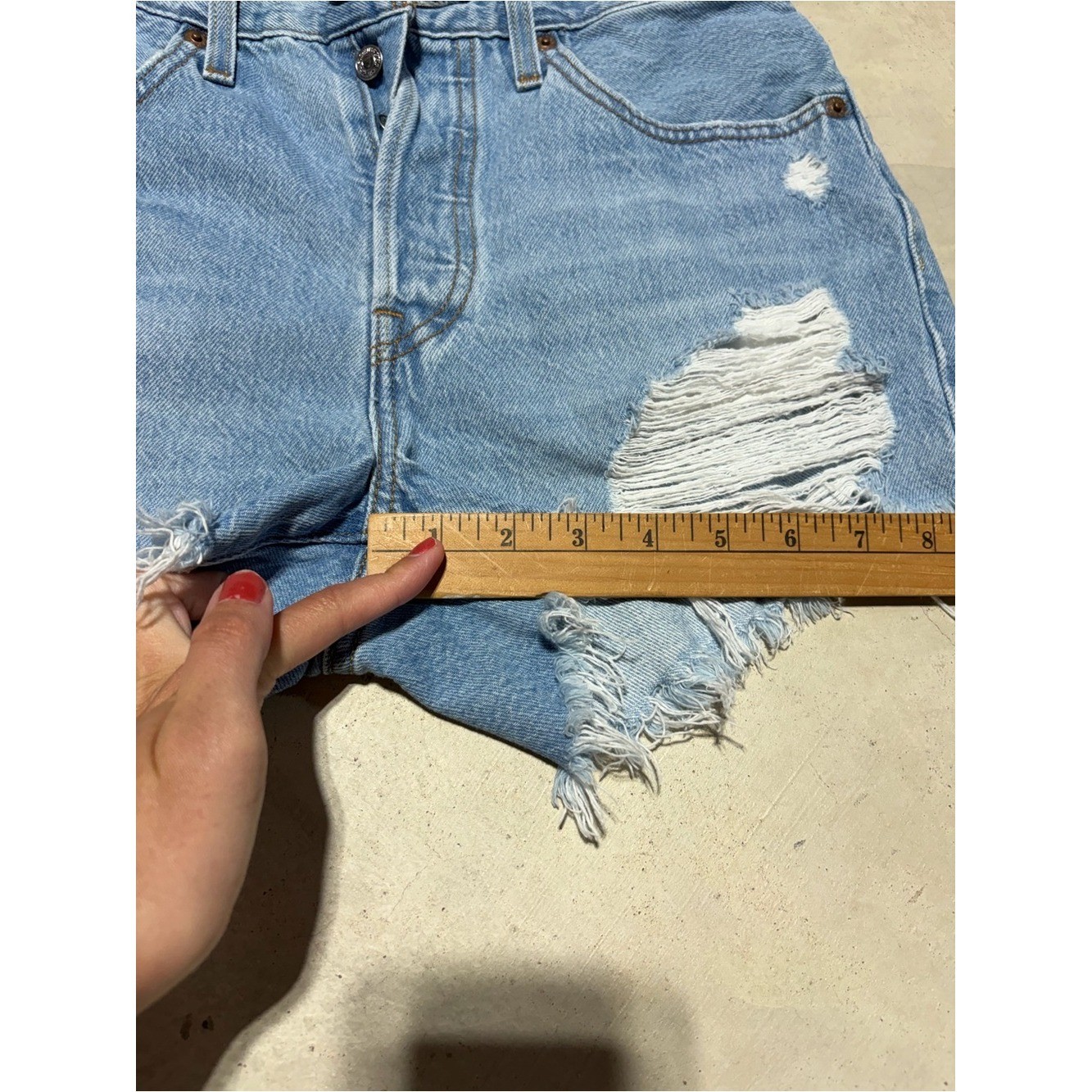 Levi&rsquo;s 501 Light Blue Distressed Denim Shorts button fly 27