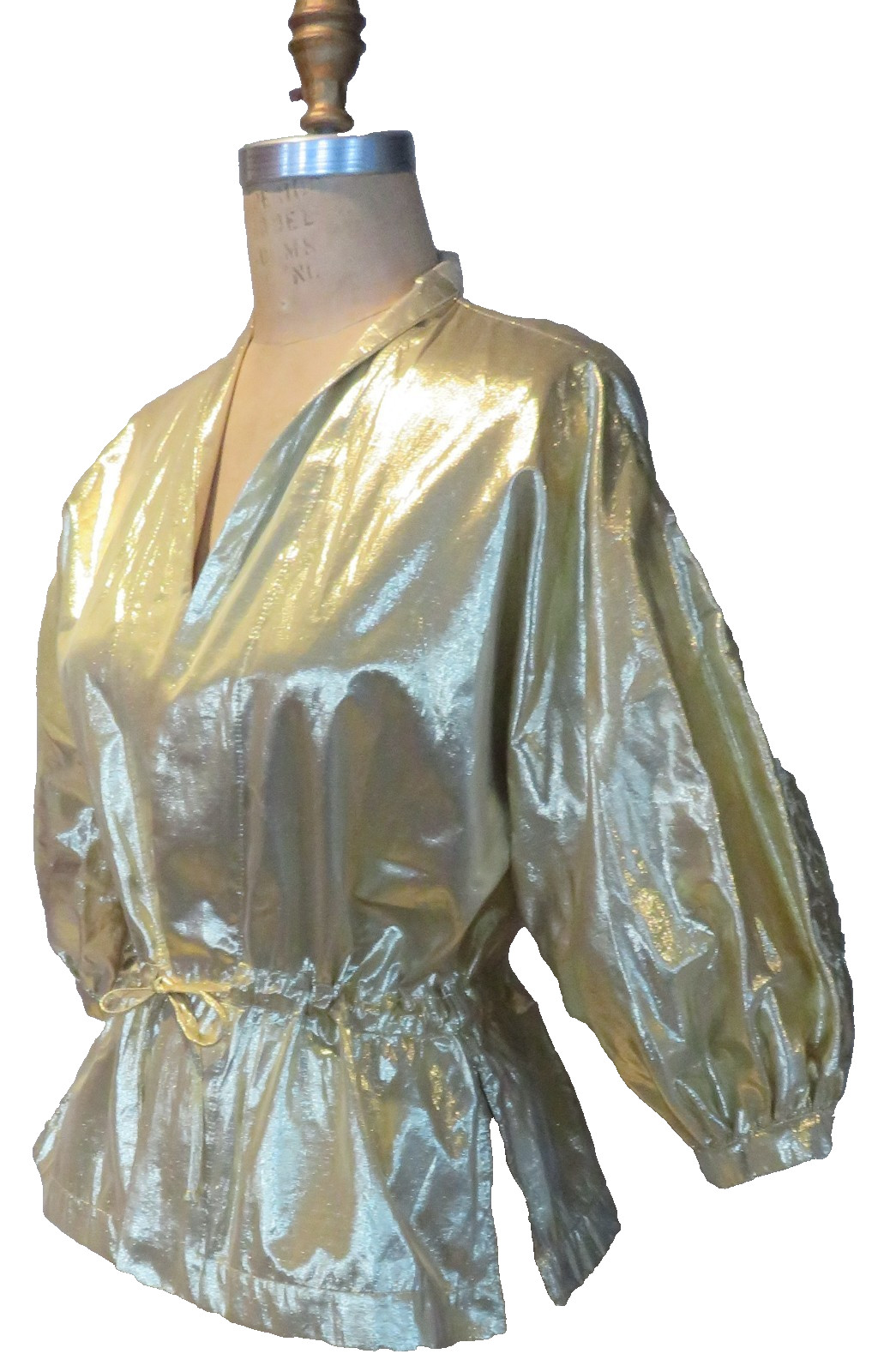 Gold Lame’ Light Jacket S/M Puffed Sleeve Gathered waist Christine Albers Vtg