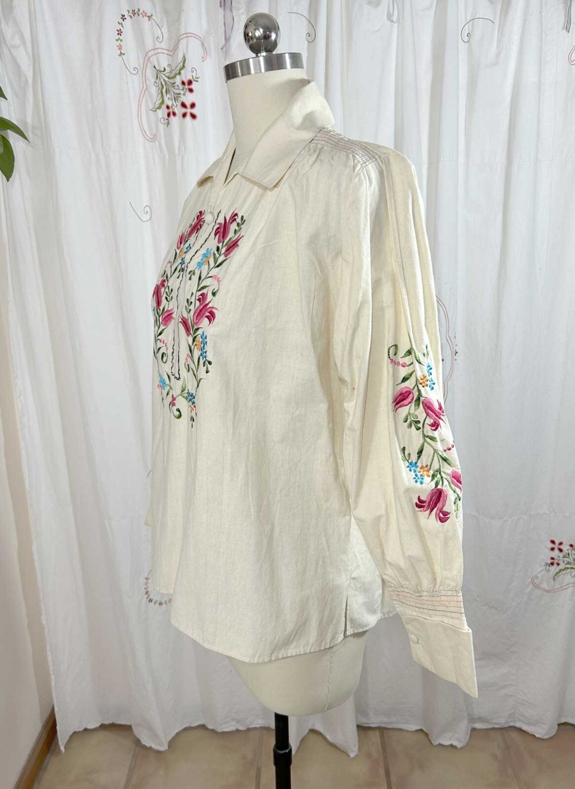 Vtg NOS Embroidered Peasant Blouse Mexican Hippy Top Smocked Cotton Muslin S/M