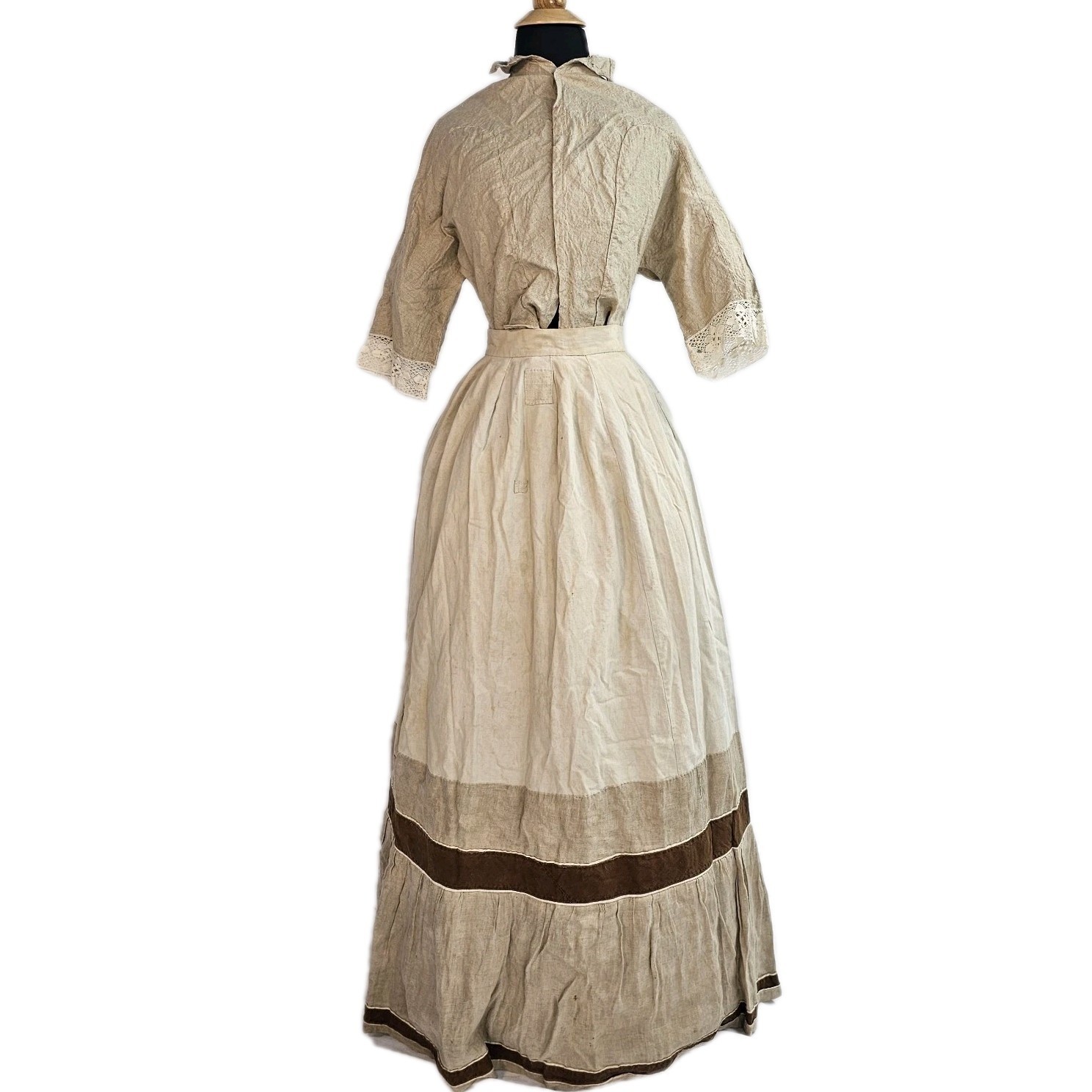 Antique Victorian Edwardian Linen Rare Prairie Dress Set Gown 1890s 1900s Lace