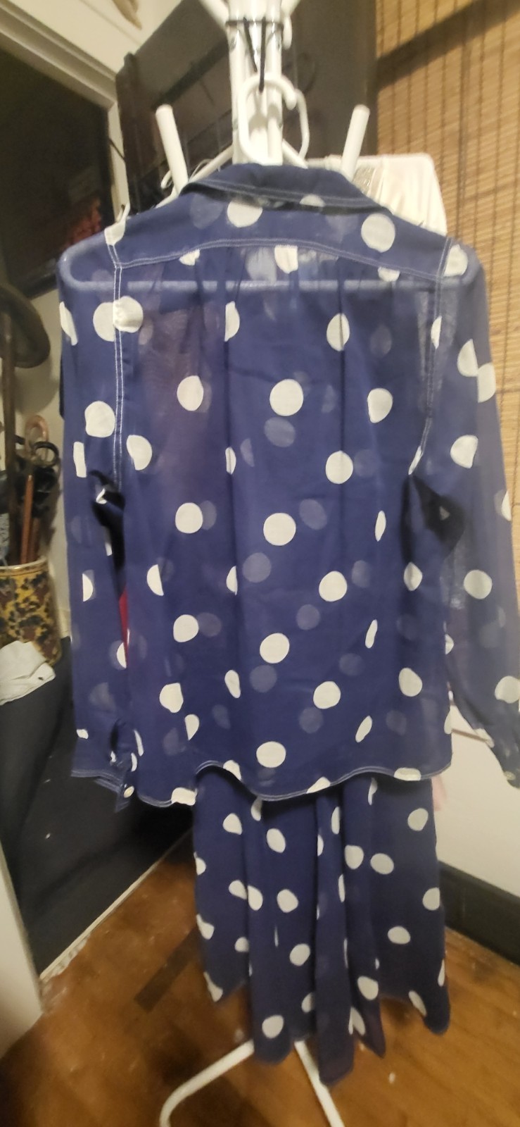Vintage 1970&rsquo;s Ellen Tracy 2 Pc Navy Blue & White Lrg Polka Dot Skirt & Top 5/6