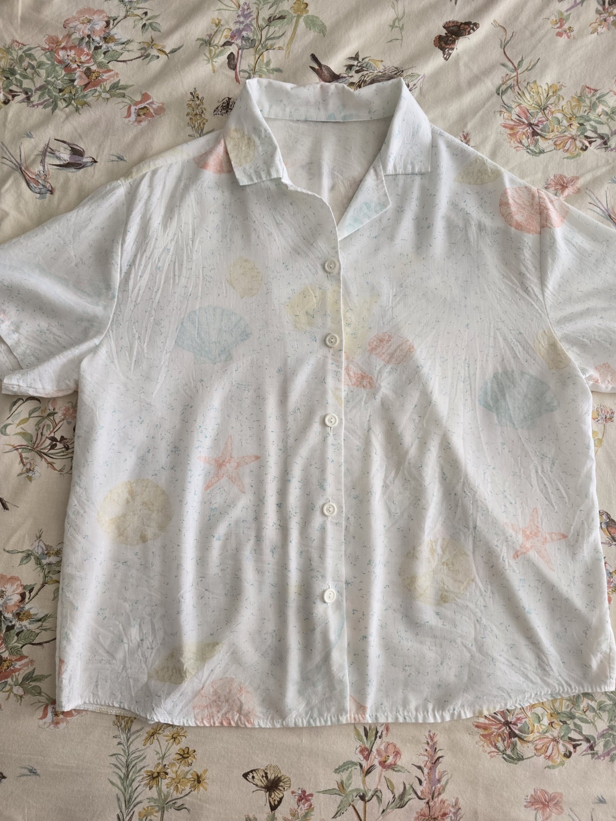 Vintage 80s 90s Seashell Button Up Blouse Womens Large XL Beach Nautical Mermaid