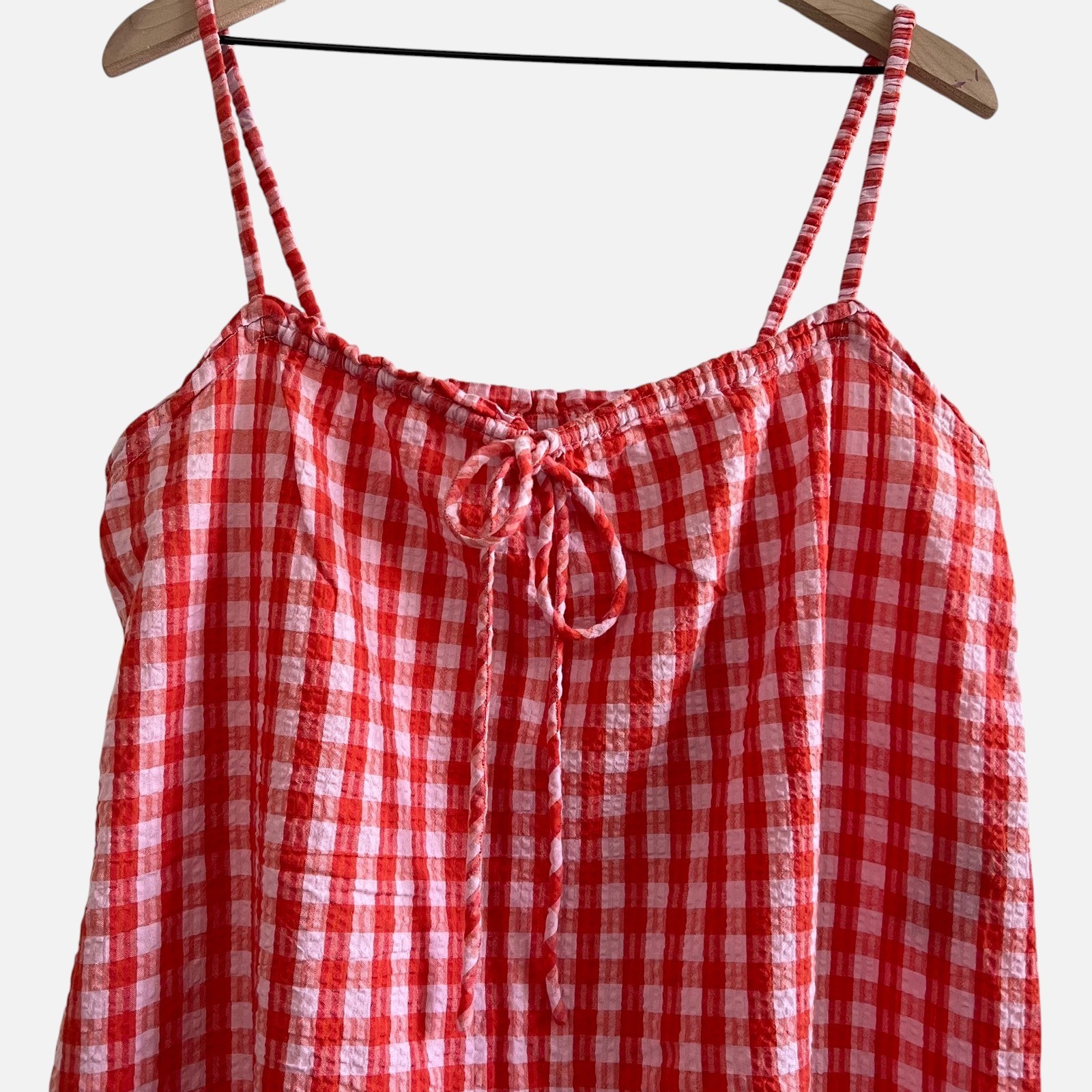 Vero Moda Pink Red Gingham Seersucker Mini Dress L/XL Cotton Cottagecore