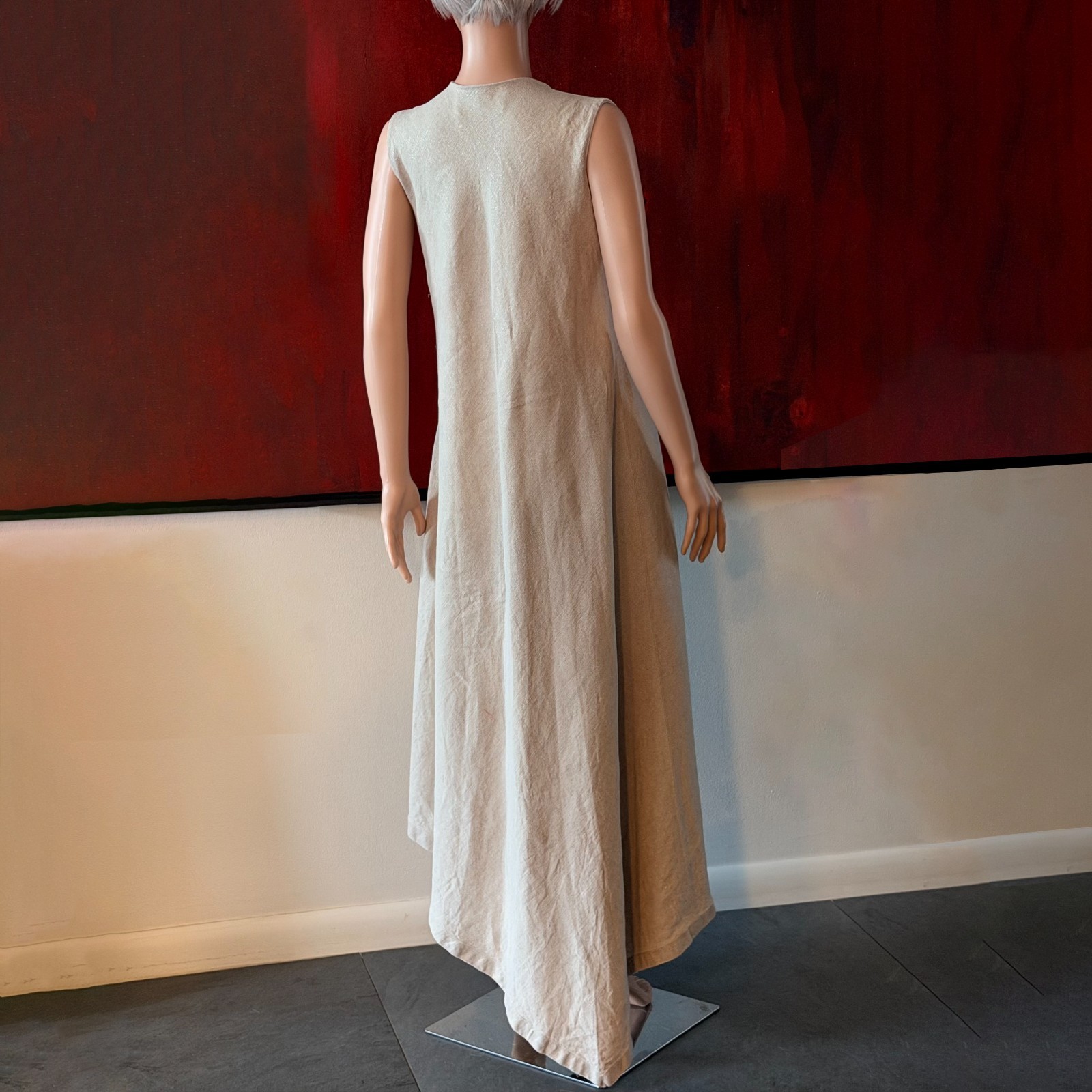 GIANFRANCO FERRE beige asymmetrical flared sleeveless linen dress size 44
