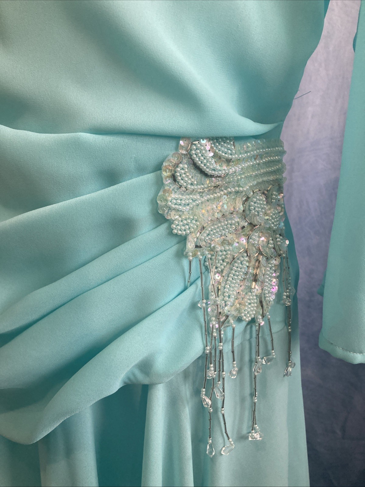 VTG 80s Abby Kent Aqua Mint Beaded Draped Cocktail Dress Ruched Fit Modern Small