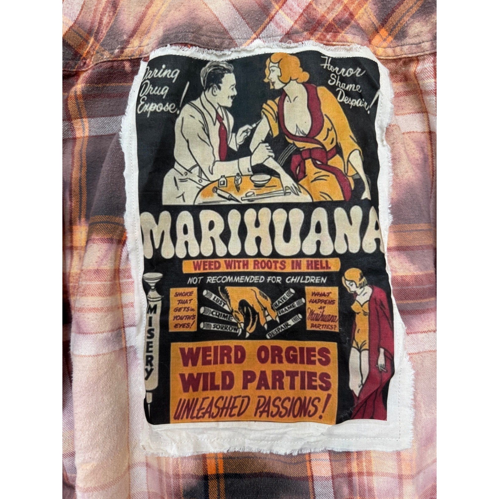 Vintage Marijuana Propaganda Flannel Bleach Dye Upcycled Shirt Large