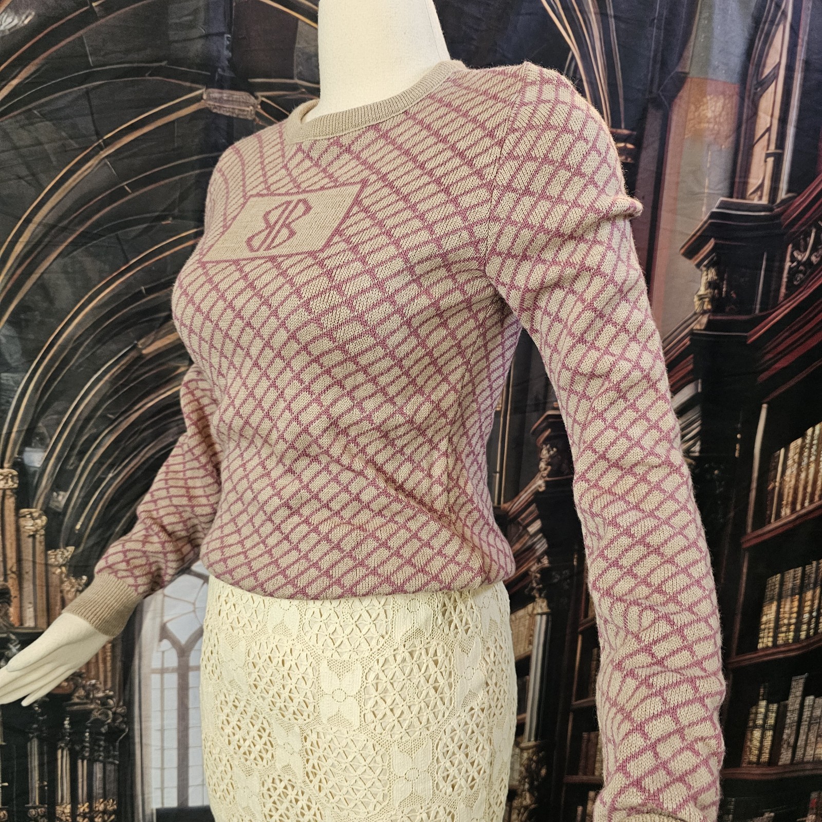 Vintage 1970s Sweater Pullover Mauve Pink Beige Diamond Pattern Double B