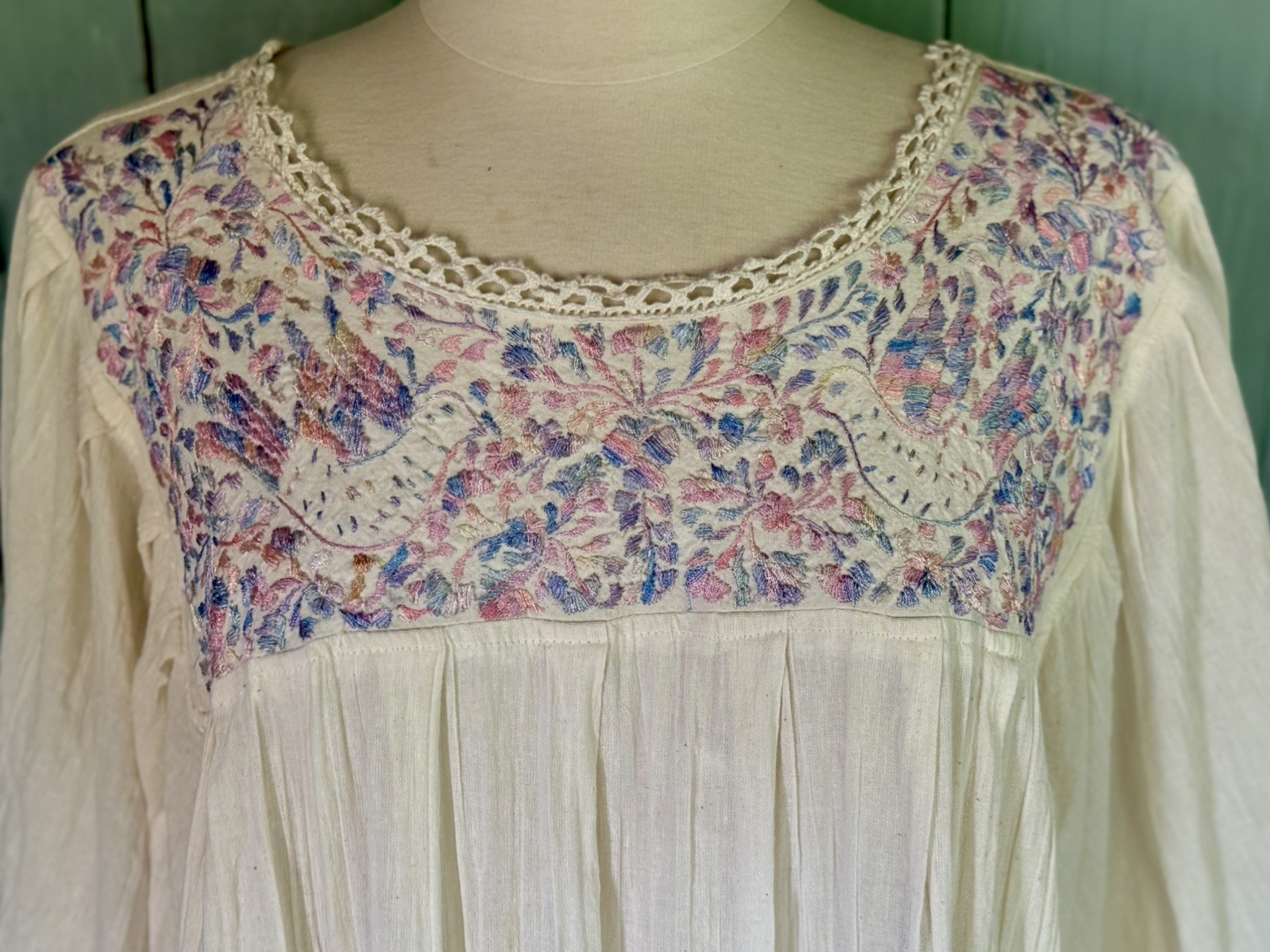 Pintuck Mexican Hand Stitched Embroidered Cotton Gauze Shift Dress Crochet L-XXL