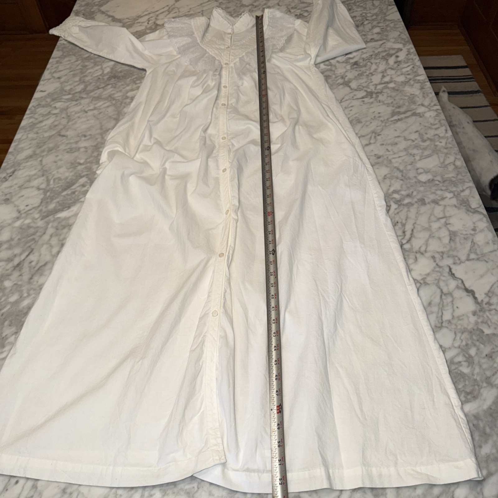 Vintage Periwinkle White Long Peasant Boho Dress High Neck Lace Ruffle Sz S USA