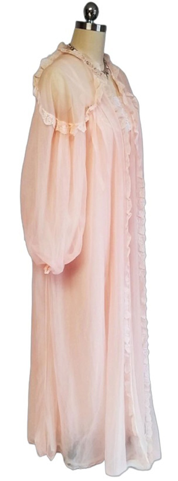 EXQUISITE VINTAGE FLUFFY INTIME RUFFLY LACE DOUBLE NYLON PEIGNOIR NIGHTGOWN MED.