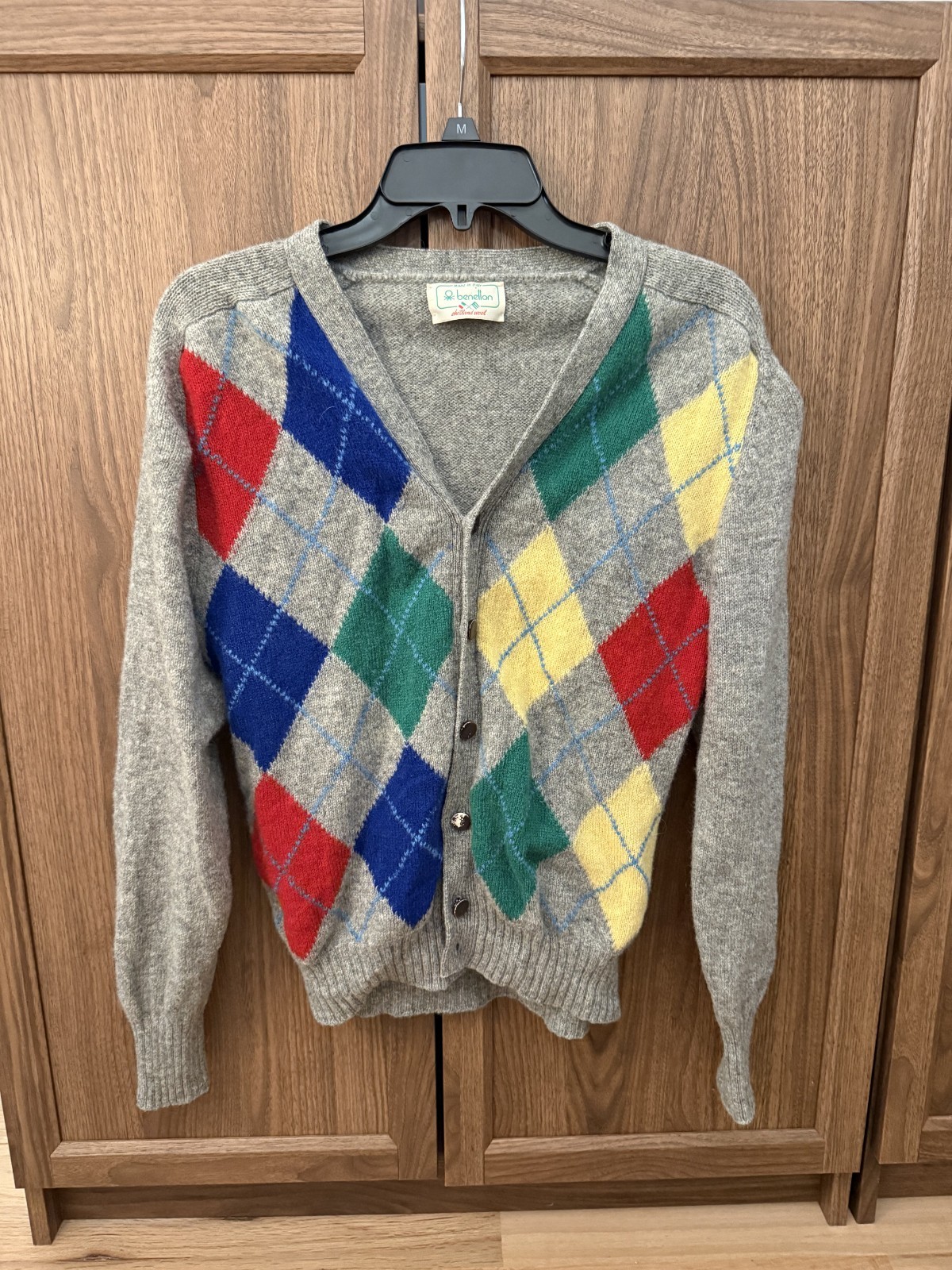 90s Vintage Benetton Cardigan Sweater Grey Multicolored Geometric Size 48 Wool