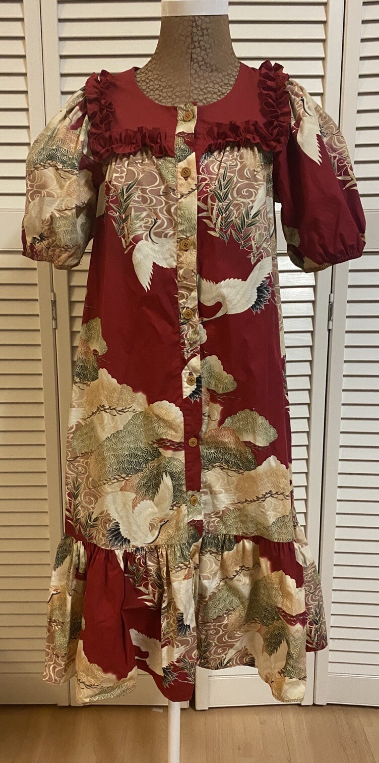 Vintage Muumuu Size XS Good Times Red Floral Asian Crane Print BOHO Midi Dress
