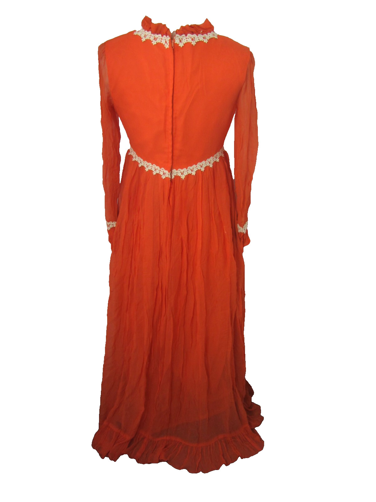 Vintage 60s70s Maxi DRESS Chiffon Overlay Lace Trim Orange Empire Waist Size 9