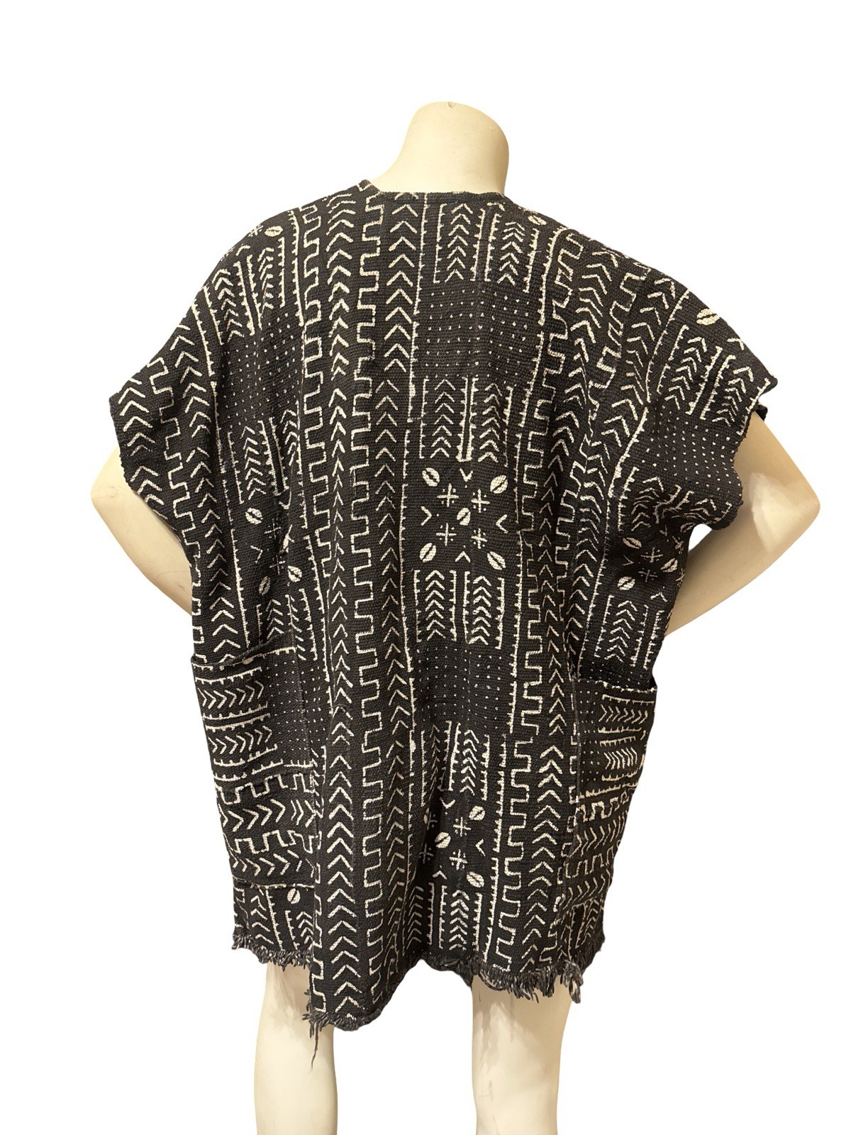 Mud Cloth Vest Kimono Jacket Black & Beige Pockets Sash Unisex Adults Tribal