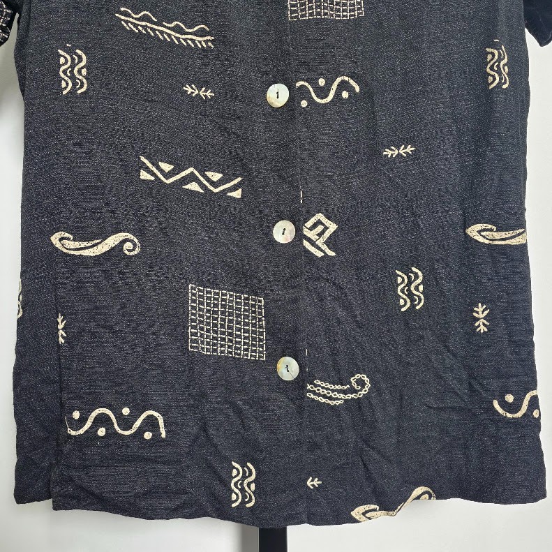 Vintage 90s Teddi Black Rayon Button Up Shirt Top Size 16 Tribal Geometric Art