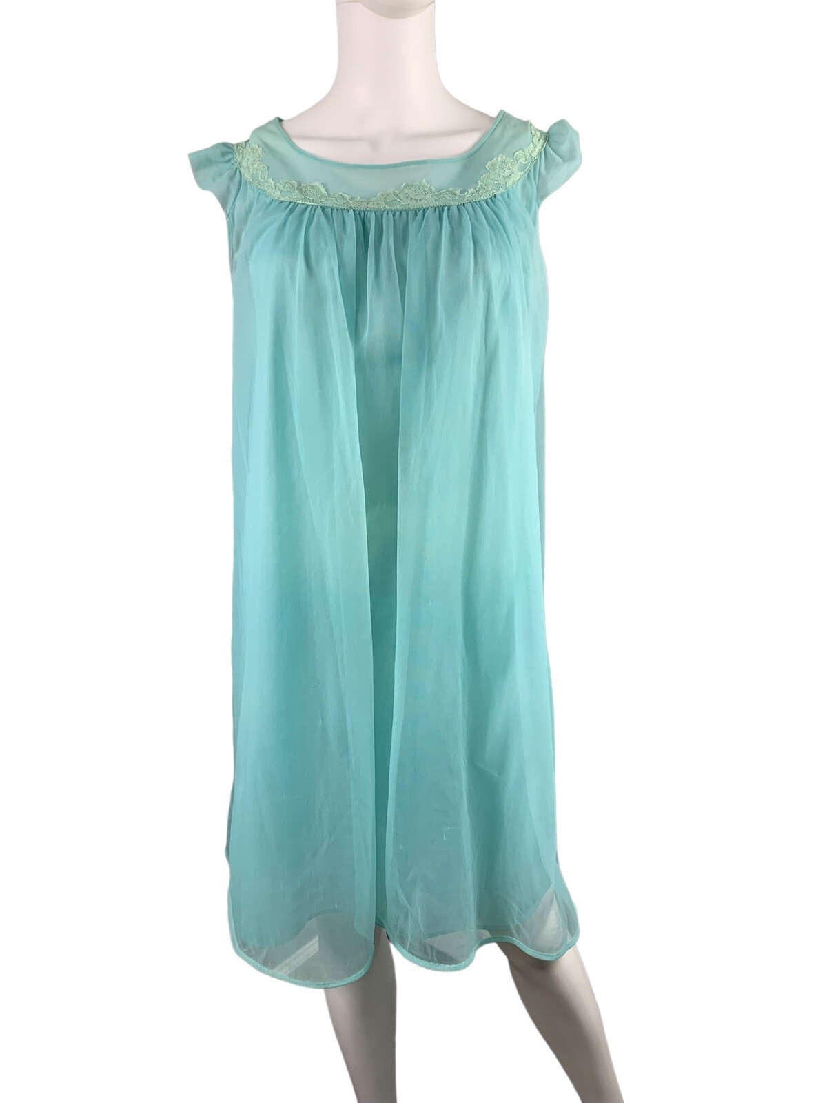 VTG Texsheen Lingerie Chiffon Green Blue Nightgown Dress Nylon Sheer Lace 32