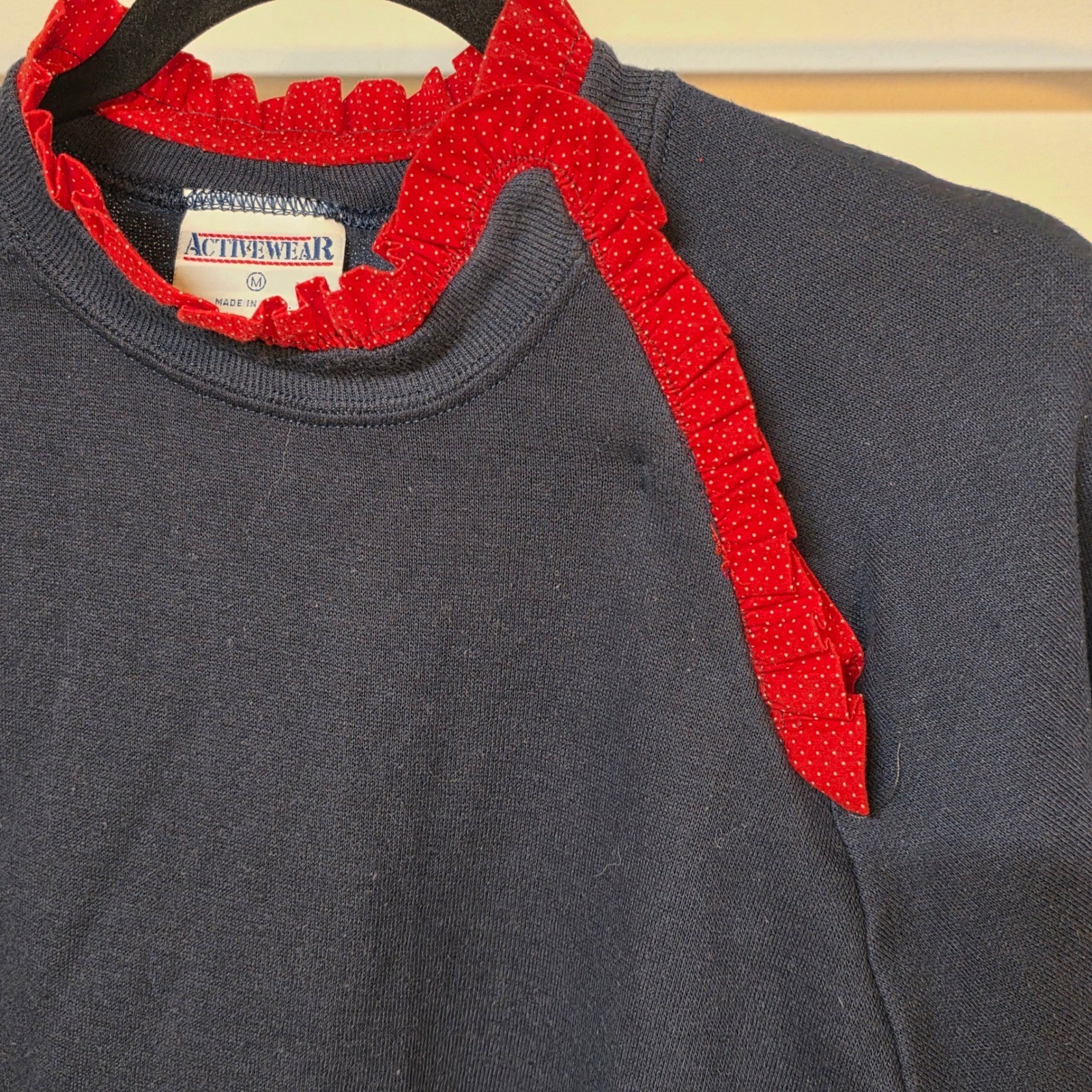 Vintage 80s Activewear Navy Blue Ruffle Collar Polka Dot Sweatshirt Women Medium