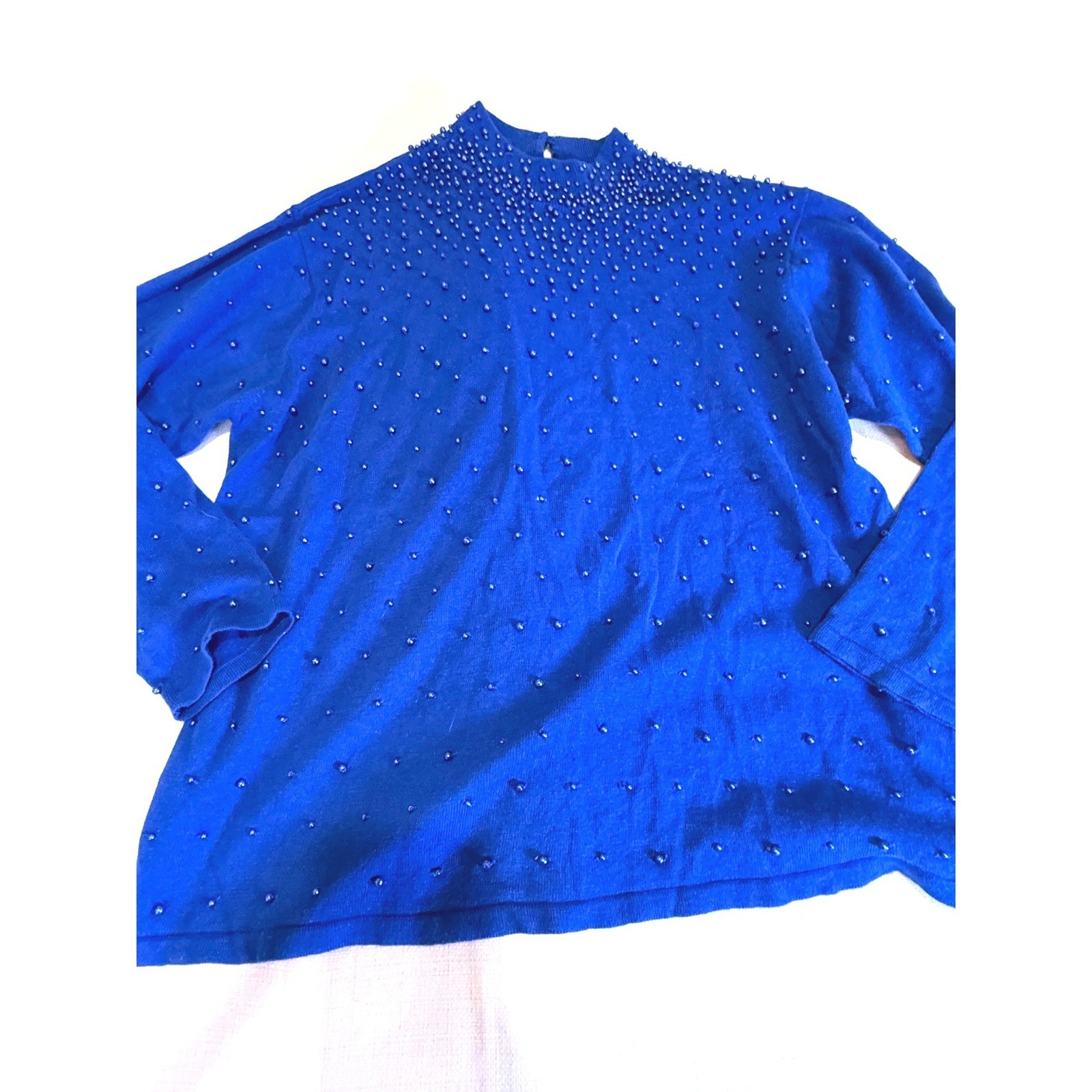 Vintage BFA Classics Beaded Sweater XL Royal Blue Ramie Cotton 90s Grandma Core