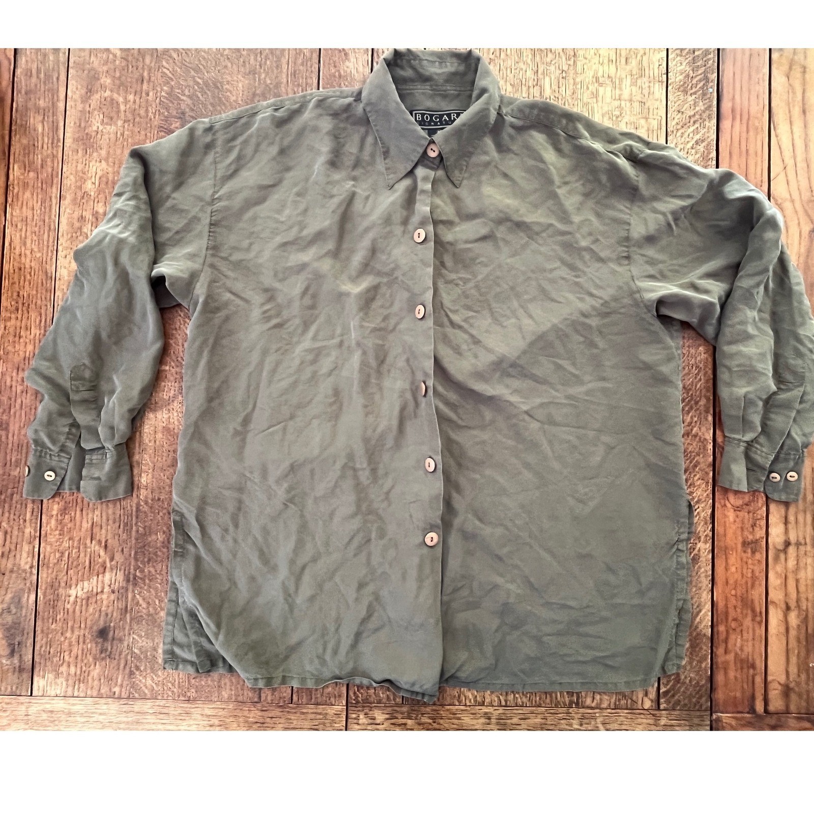 Vintage 100% silk shirt olive green grey long sleeve women&rsquo;s M button-up Bogari