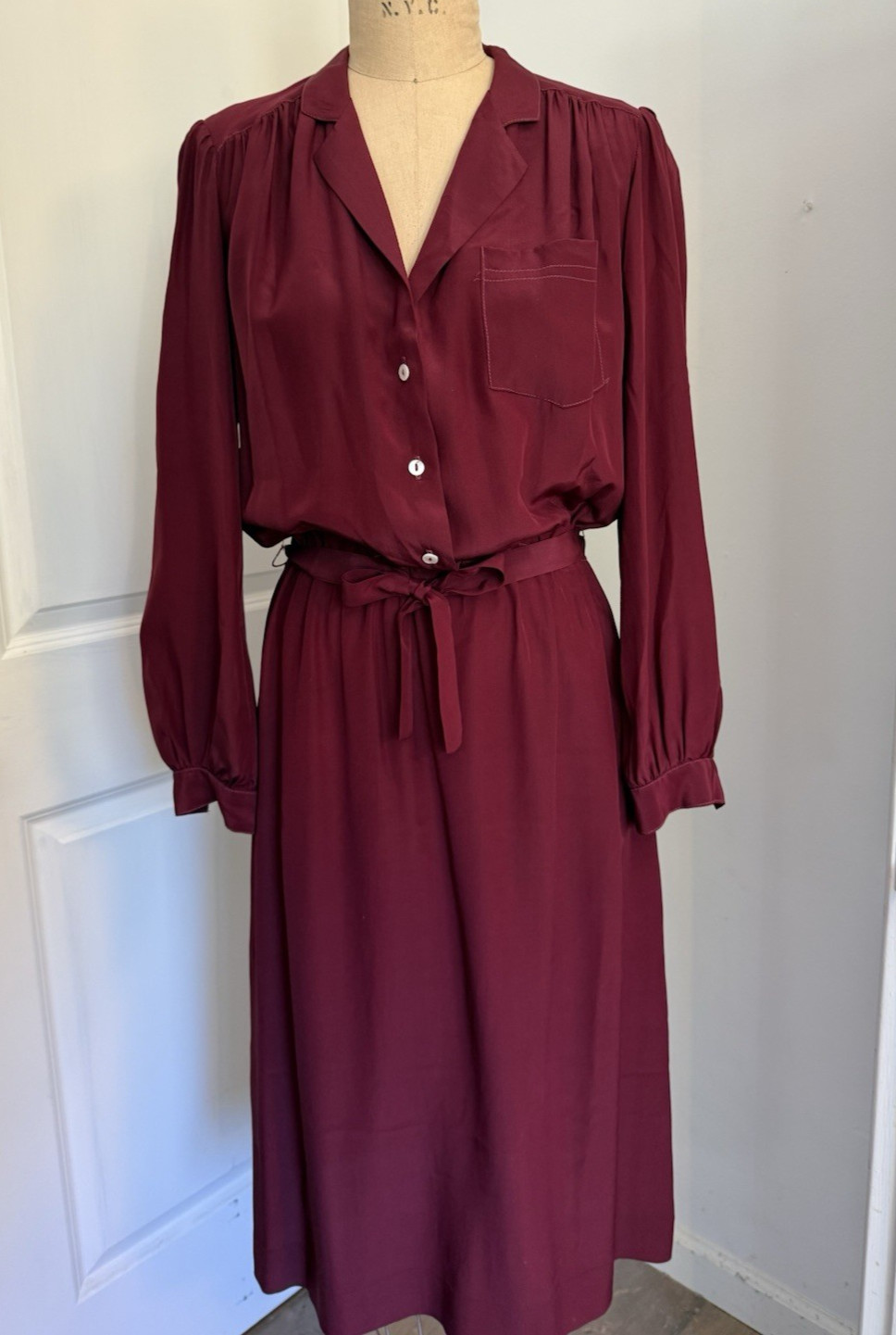 VTG Carol Little San Tropez West 100% Silk Burgundy Long Sleeve Dress Sz 10