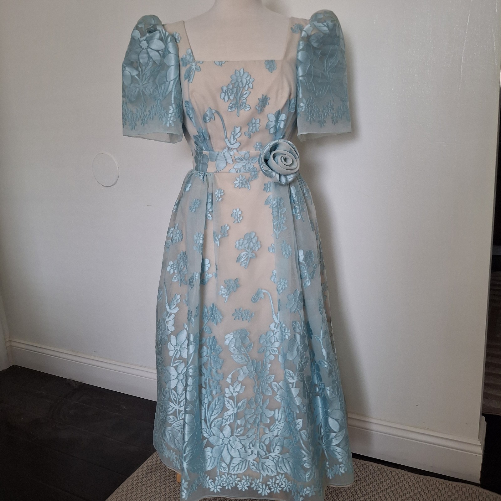 Vintage Blue Organza Dress Bridesmaid Size S Party Prom Handmade Floral