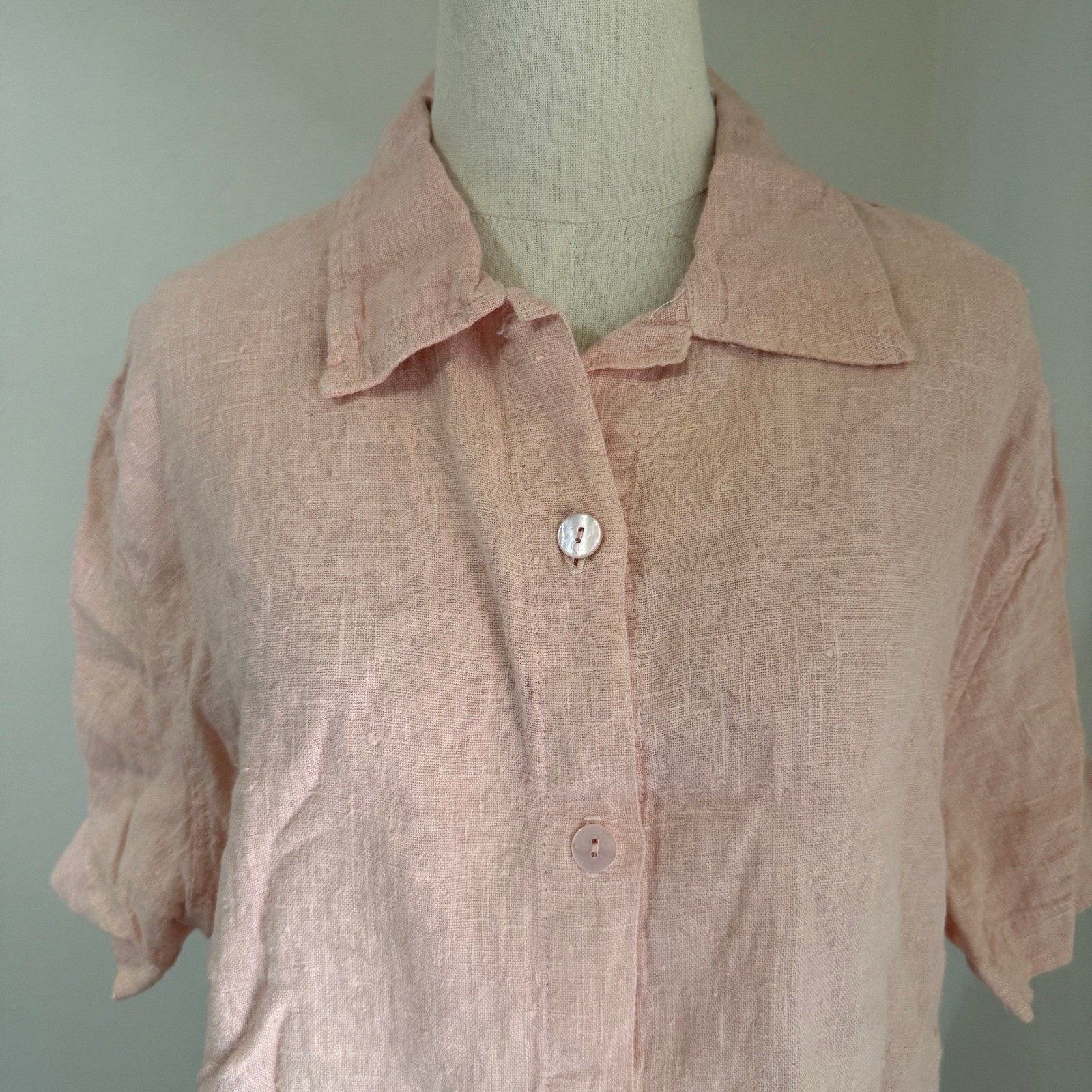 Clio Vintage 90s Linen Button Down Shirt Light Pink Short Sleeve Womens Medium