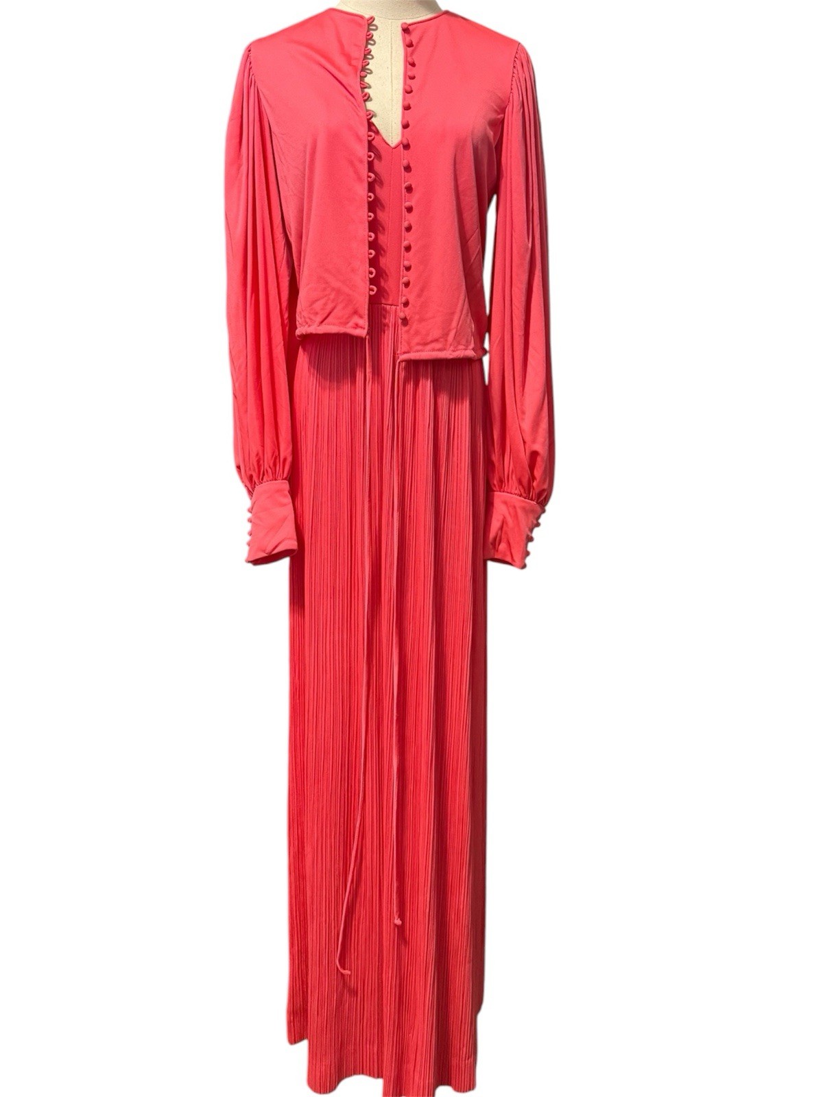 Vintage Donald Brooks Coral Pleated Maxi Dress Set Bishop Sleeves S/M