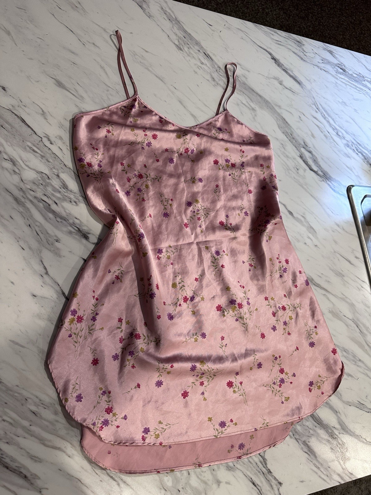 Vintage Dentelle Satin Slip Dress Nightgown Chemise Mauve Pink Shimmer Flowers M