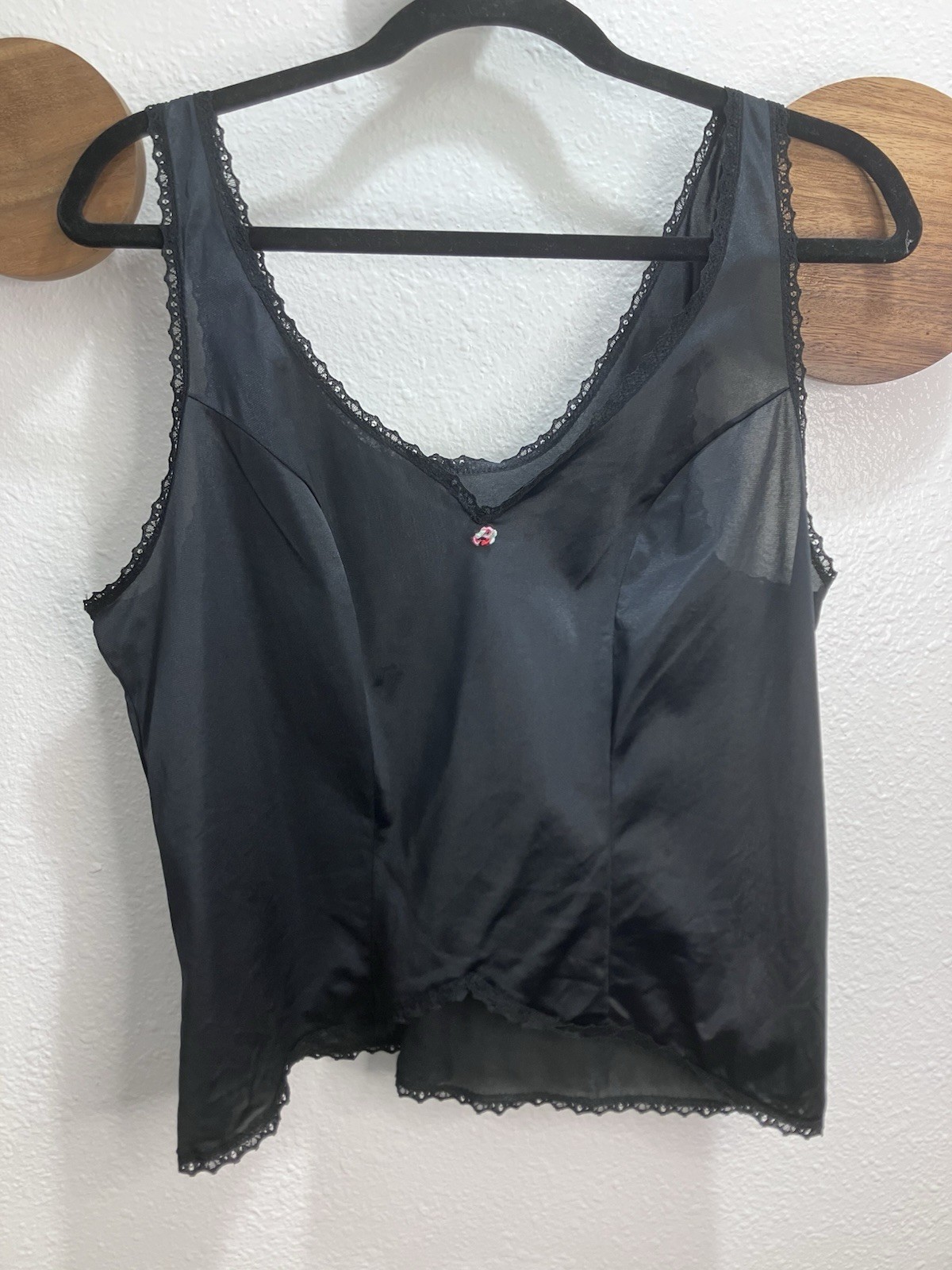 Vintage 80s Texsheen Sheer Black Hi Low Lingerie Top Flower Sleepwear Large